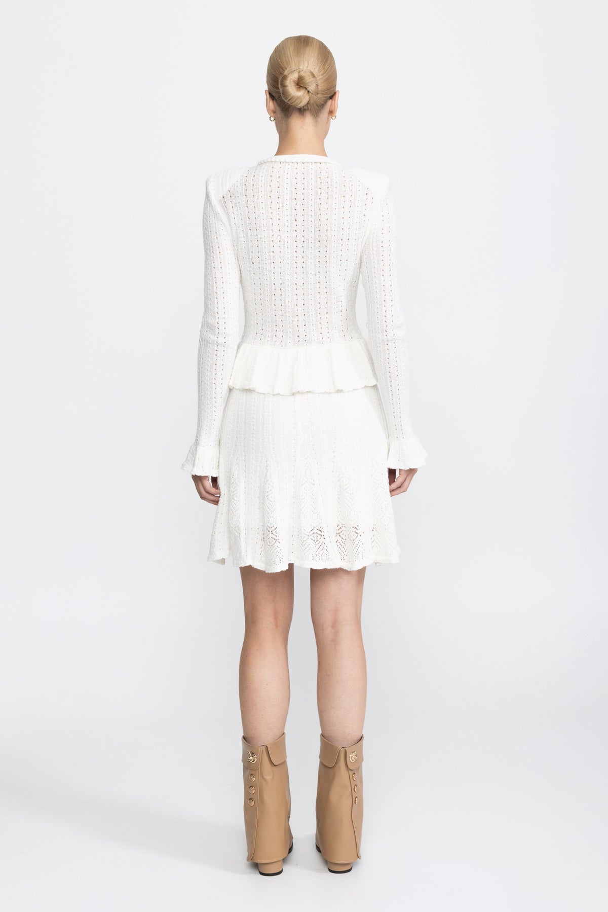 Pointelle Knit Peplum Mini Dress with Pearl Flower Buttons - White