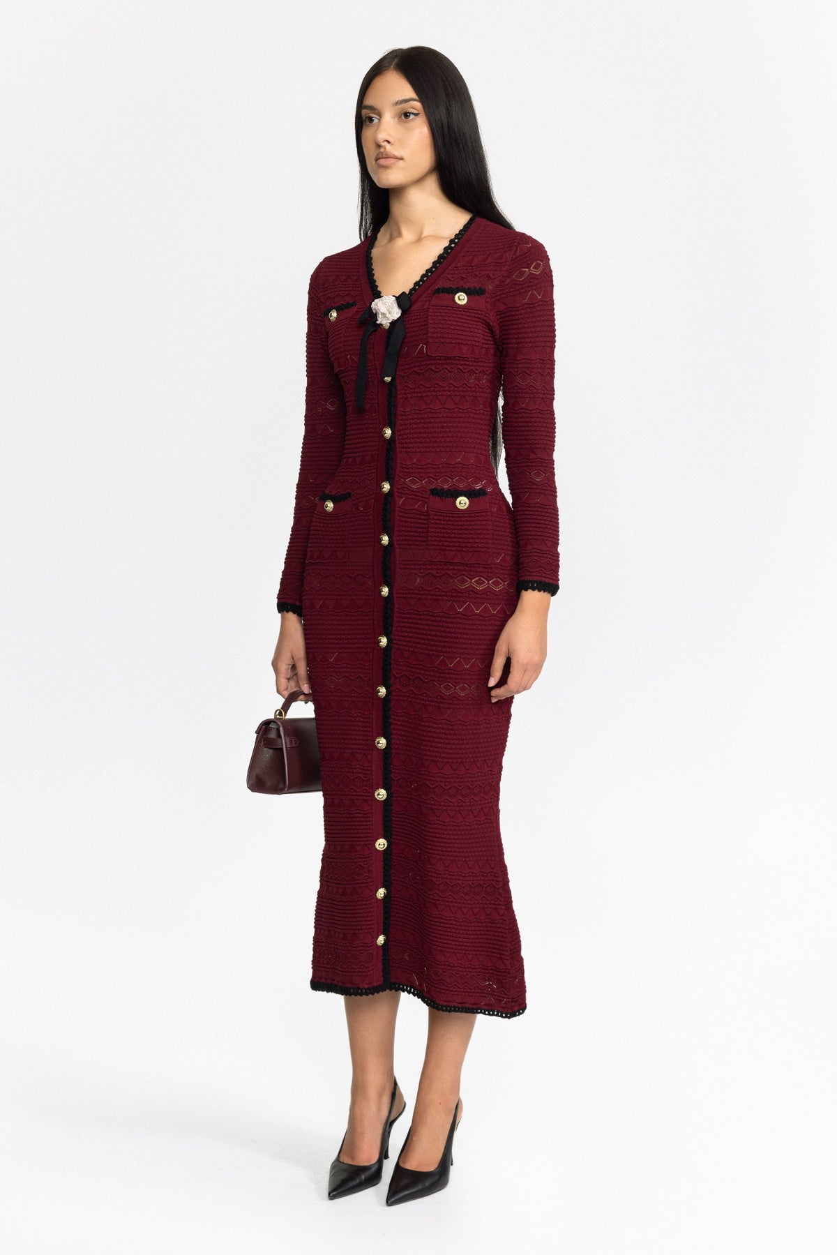 Crochet Trim Knit Button Midi Dress with Flower Brooch - Wine