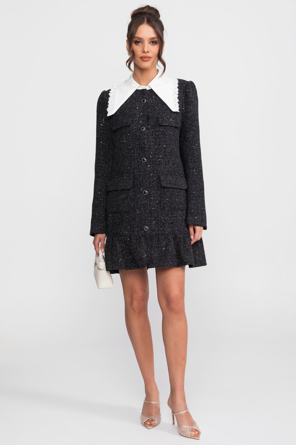 Amandine Charcoal Bouclé Tweed Mini Dress With Lace-Trim Collar And Ruffle Hem
