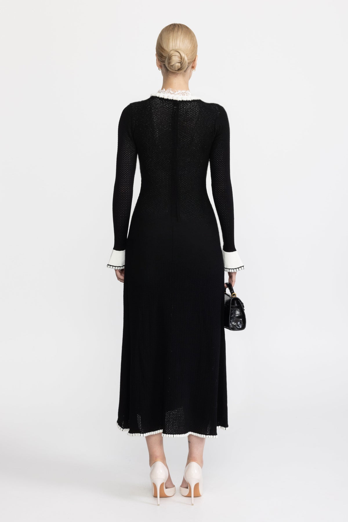Lace Trim Pointelle Knit Button-Front Midi Dress - Black
