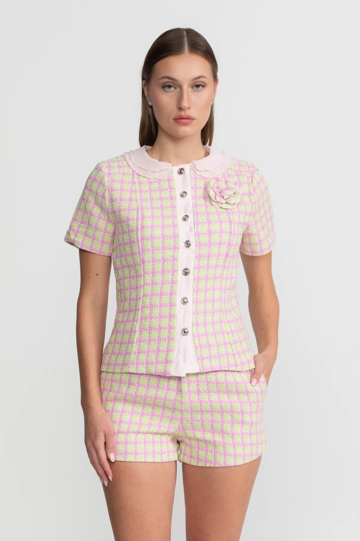 Pastel Tweed Co-ord Set With Satin Collar – Pink & Green
