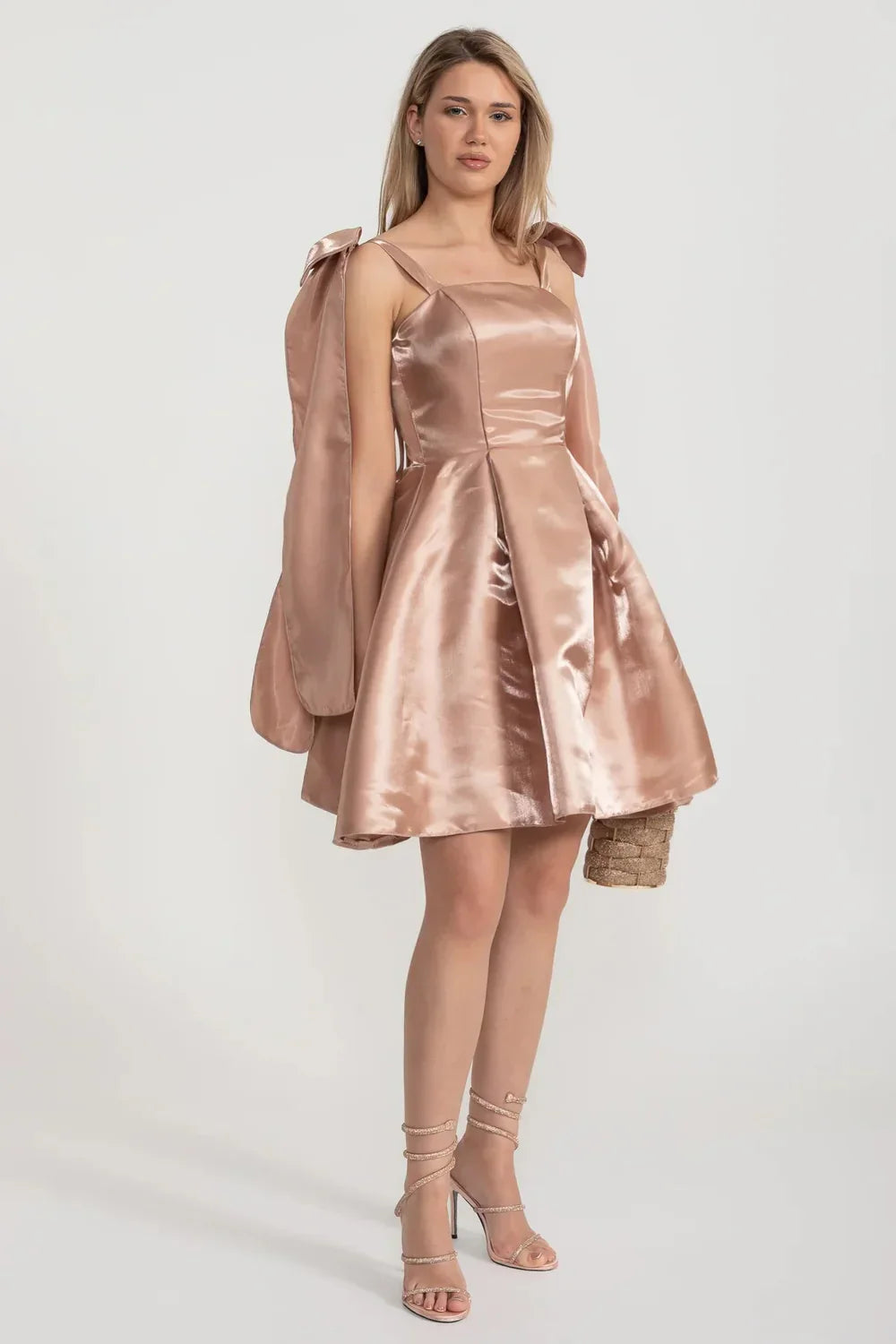 Elegant Satin Fitted Dress With Flared Skirt And Decorative Shoulder Bow Accents - Brown