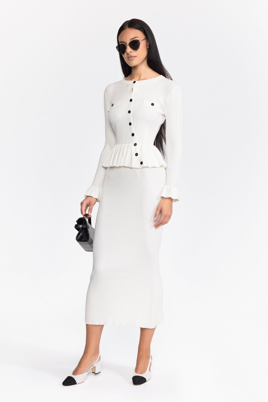 Margaux Ribbed Knit Peplum Cardigan and Midi Skirt Set - White