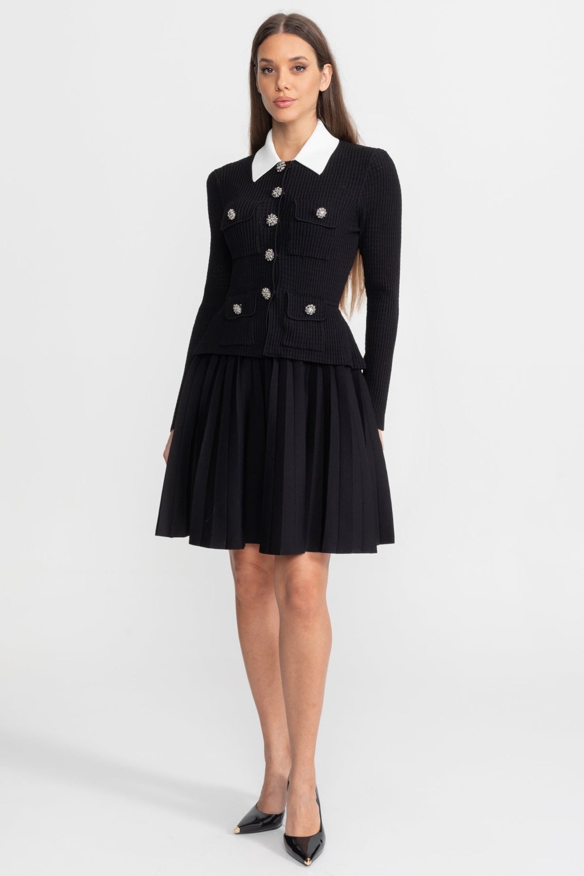Paulette Black Ribbed Knit Mini Dress with Contrast Collar and Pleated Skirt