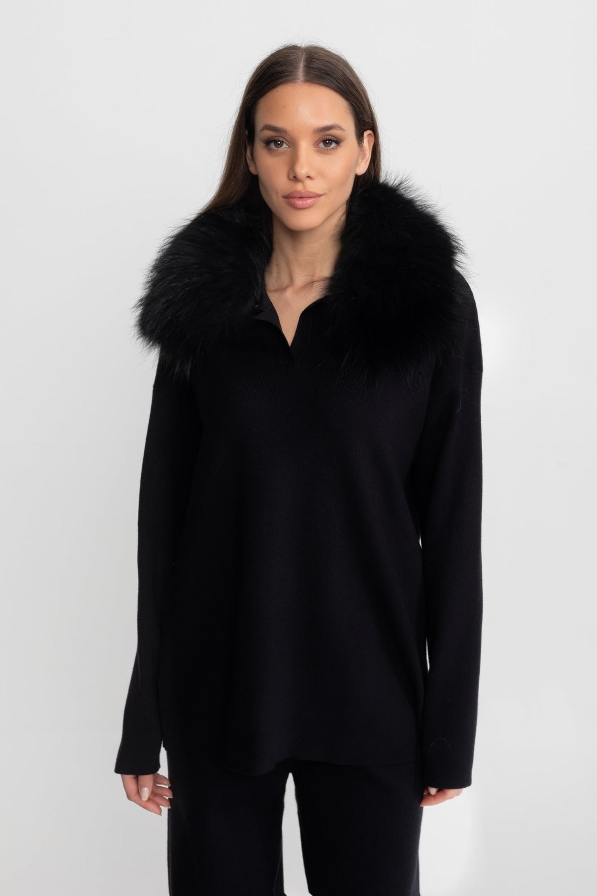 Elodie Black Knit Lounge Co-Ord Set with Fox Fur Collar