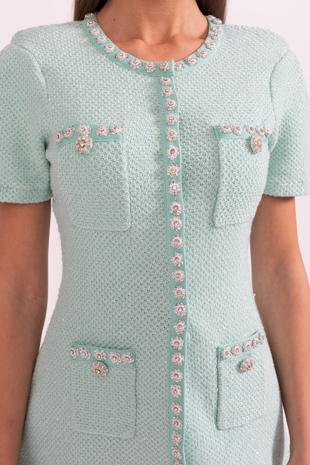 GISELLE SHORT SLEEVE DIAMOND MINI DRESS - MINT GREEN