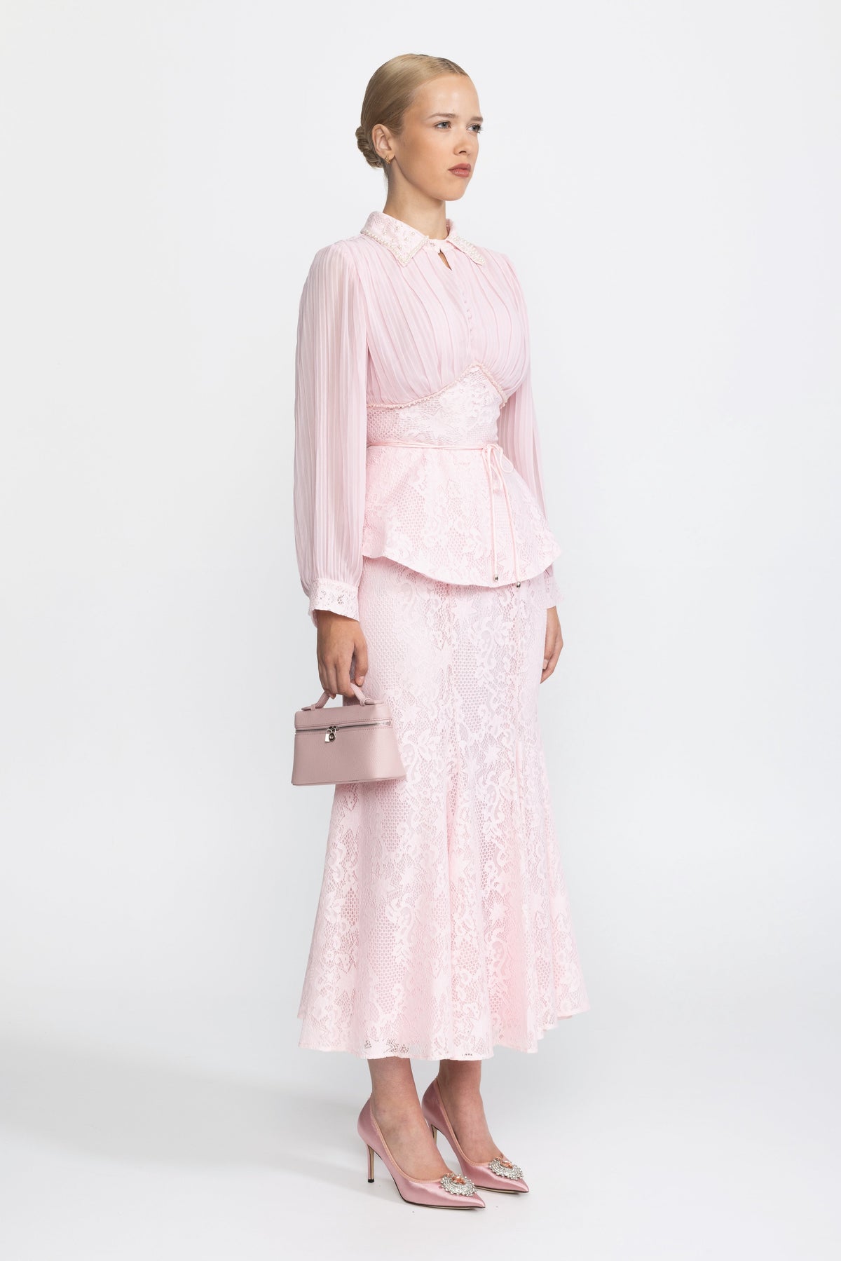 Pleated Chiffon Lace Peplum Blouse and Maxi Skirt Set - Pink