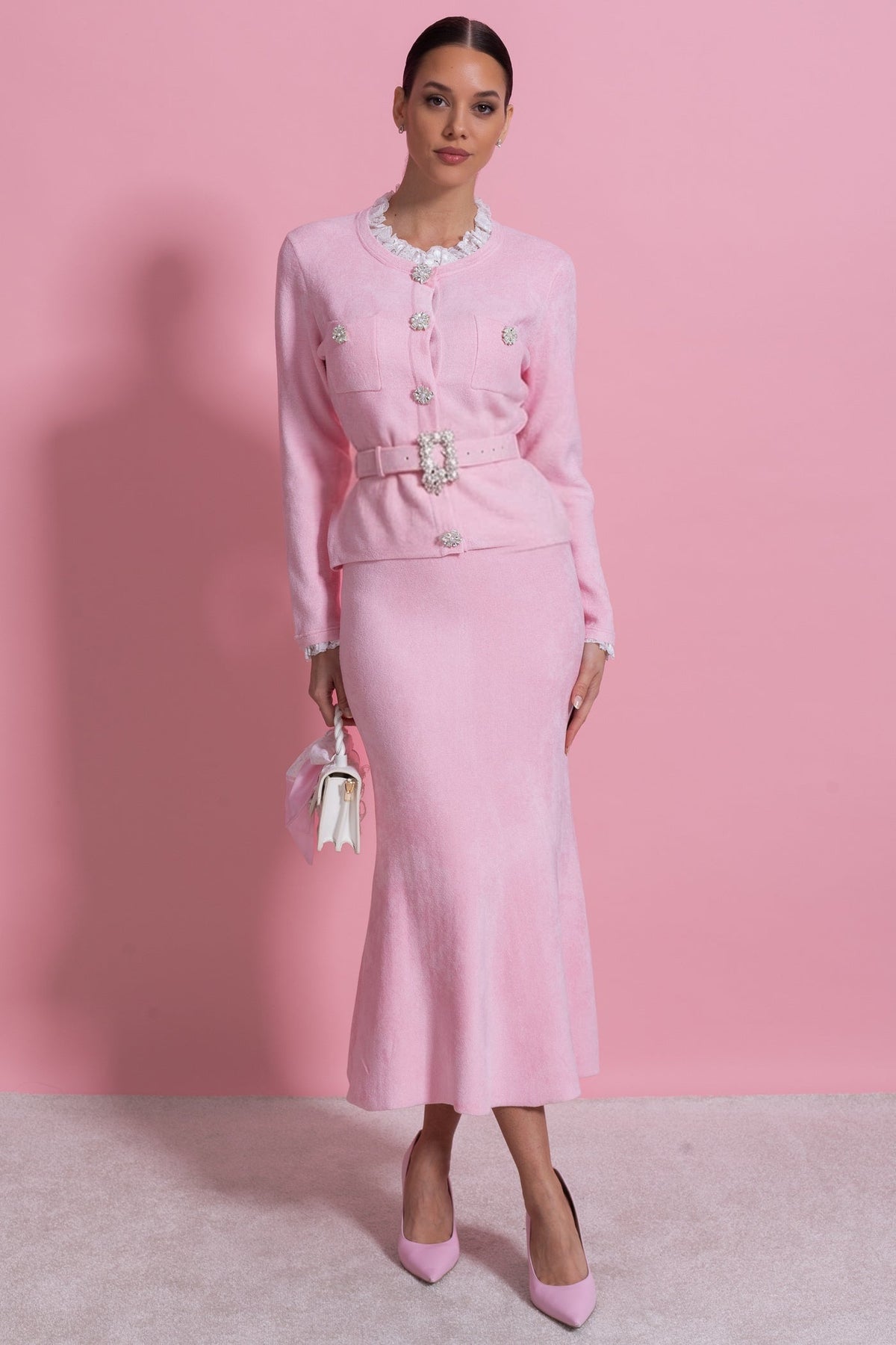 Fleur Blush Pink Long Sleeve Co-Ord With Fitted Knit Bodice And Crystal Button Detail