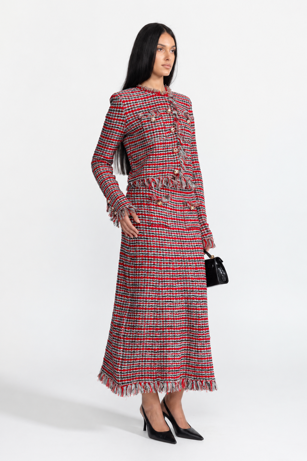 Madeleine Red Multi Fringed Tweed Jacket and Midi Skirt Co-ord Set