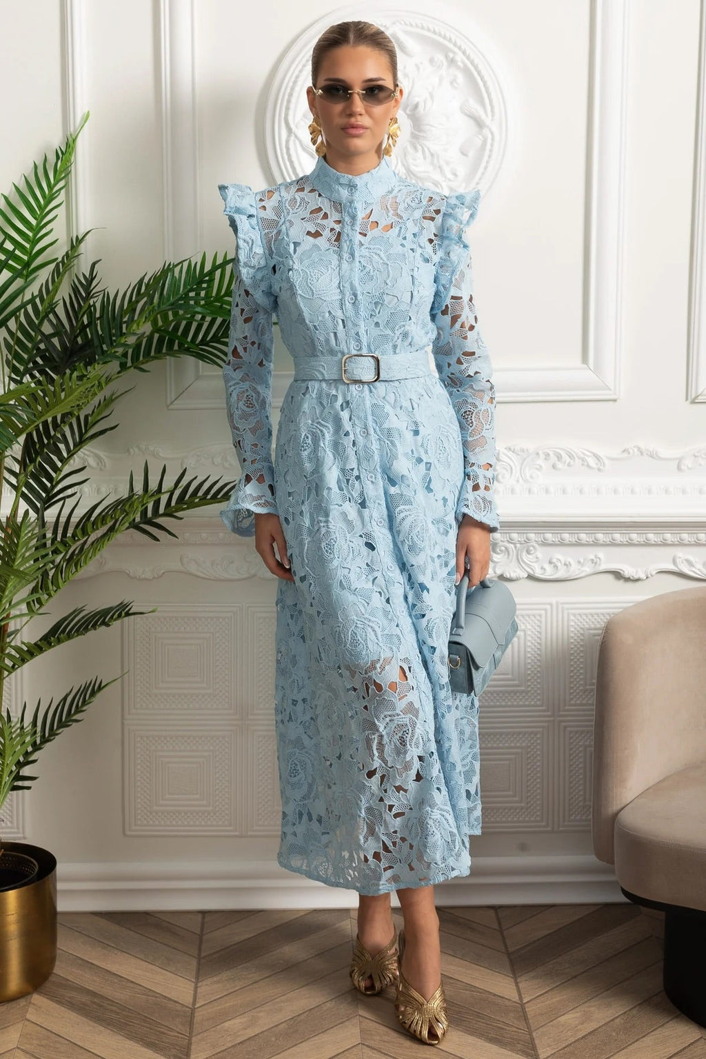 Lace Midi Dress with Ruffled Shoulders and Floral Detailing