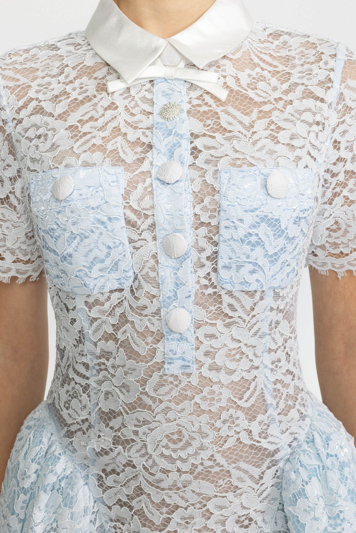Satin Collar Lace Bubble Mini Dress - Light Blue