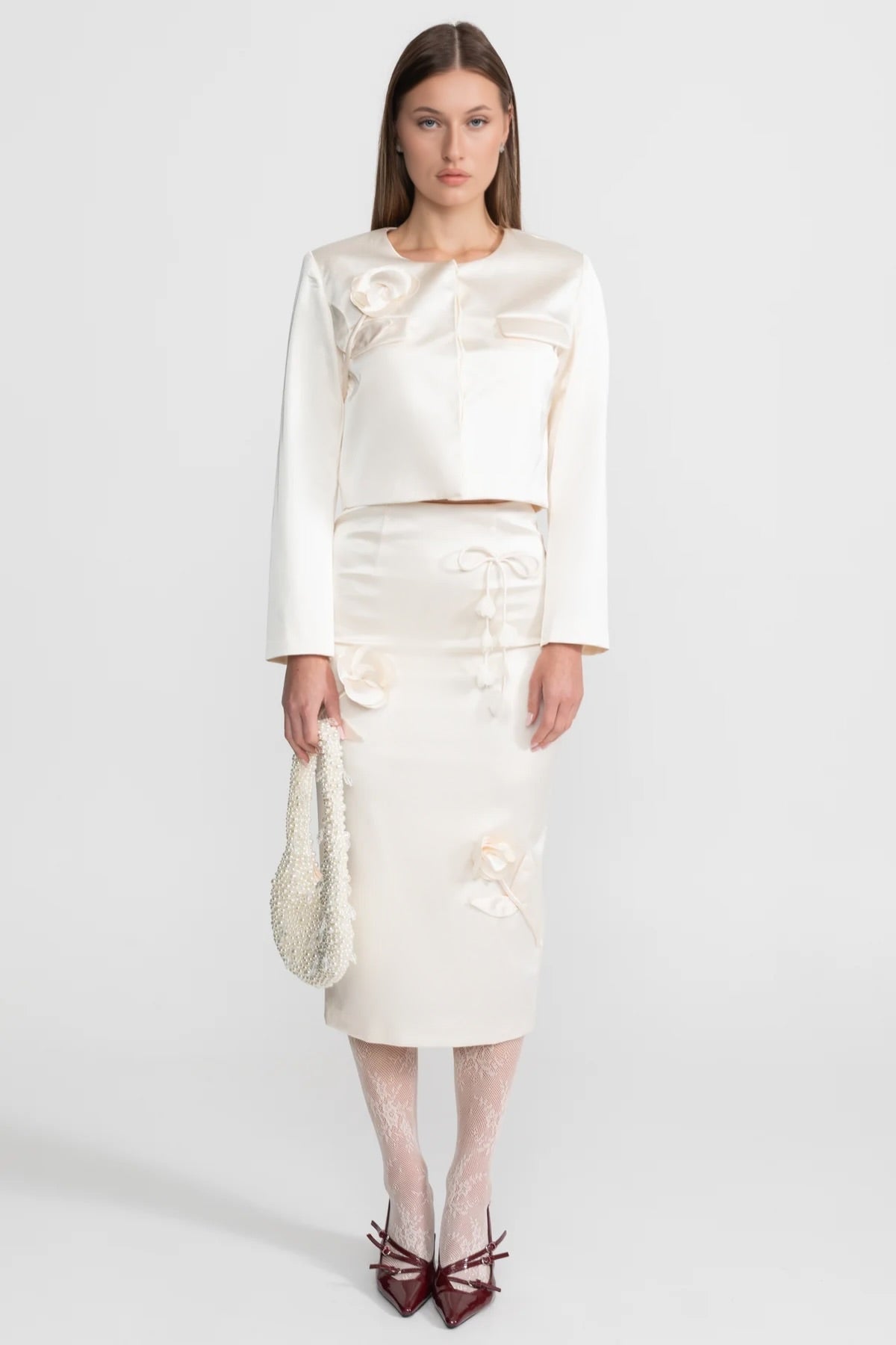 Taffeta Pencil Skirt with Bow and Floral Details - Ivoire