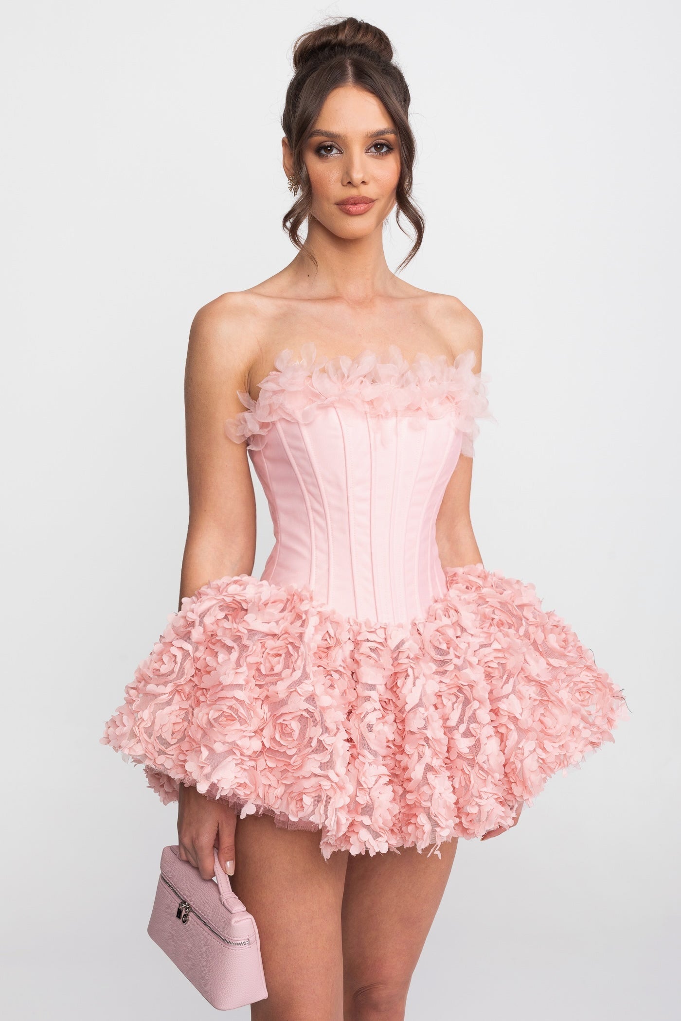 Strapless Corset Mini Dress With 3D Rose Appliqué Skirt - Pink