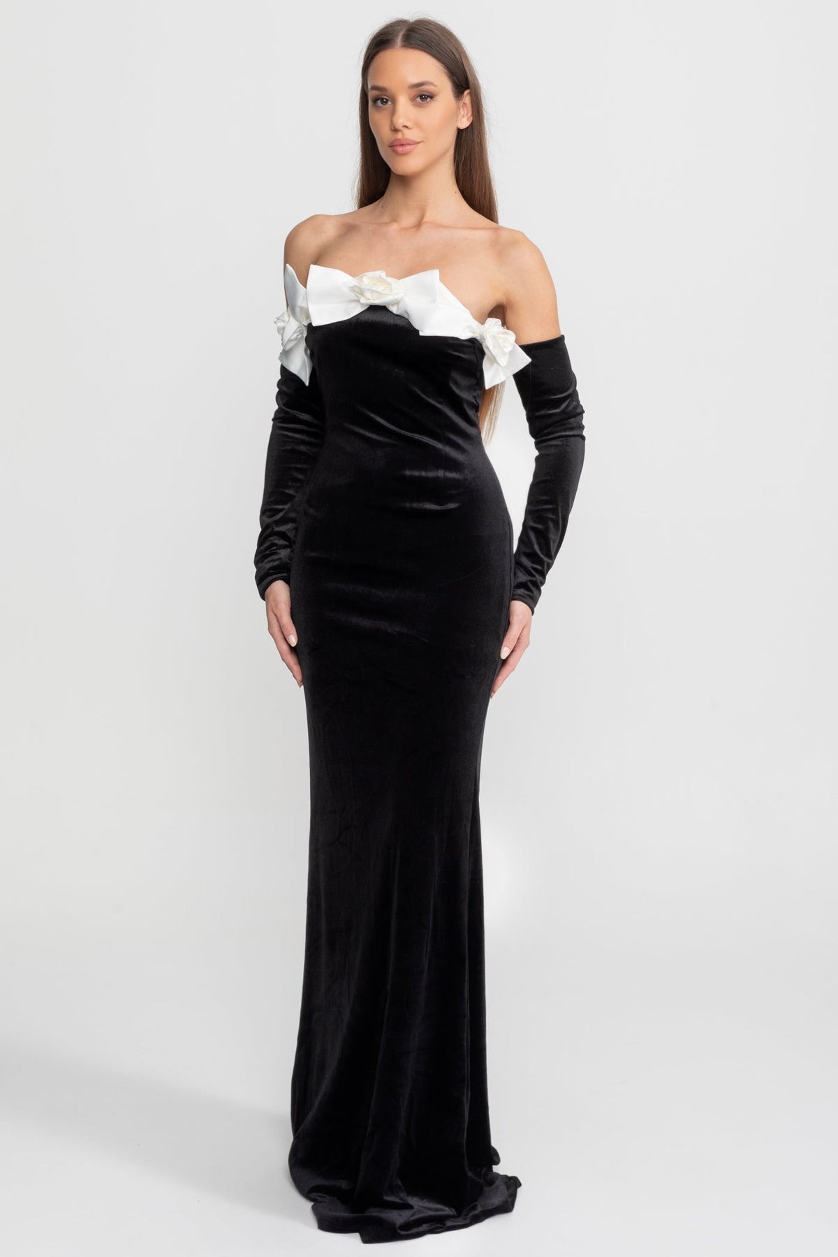 Velvet Strapless Maxi Dress with Floral Bow Appliqué – Black