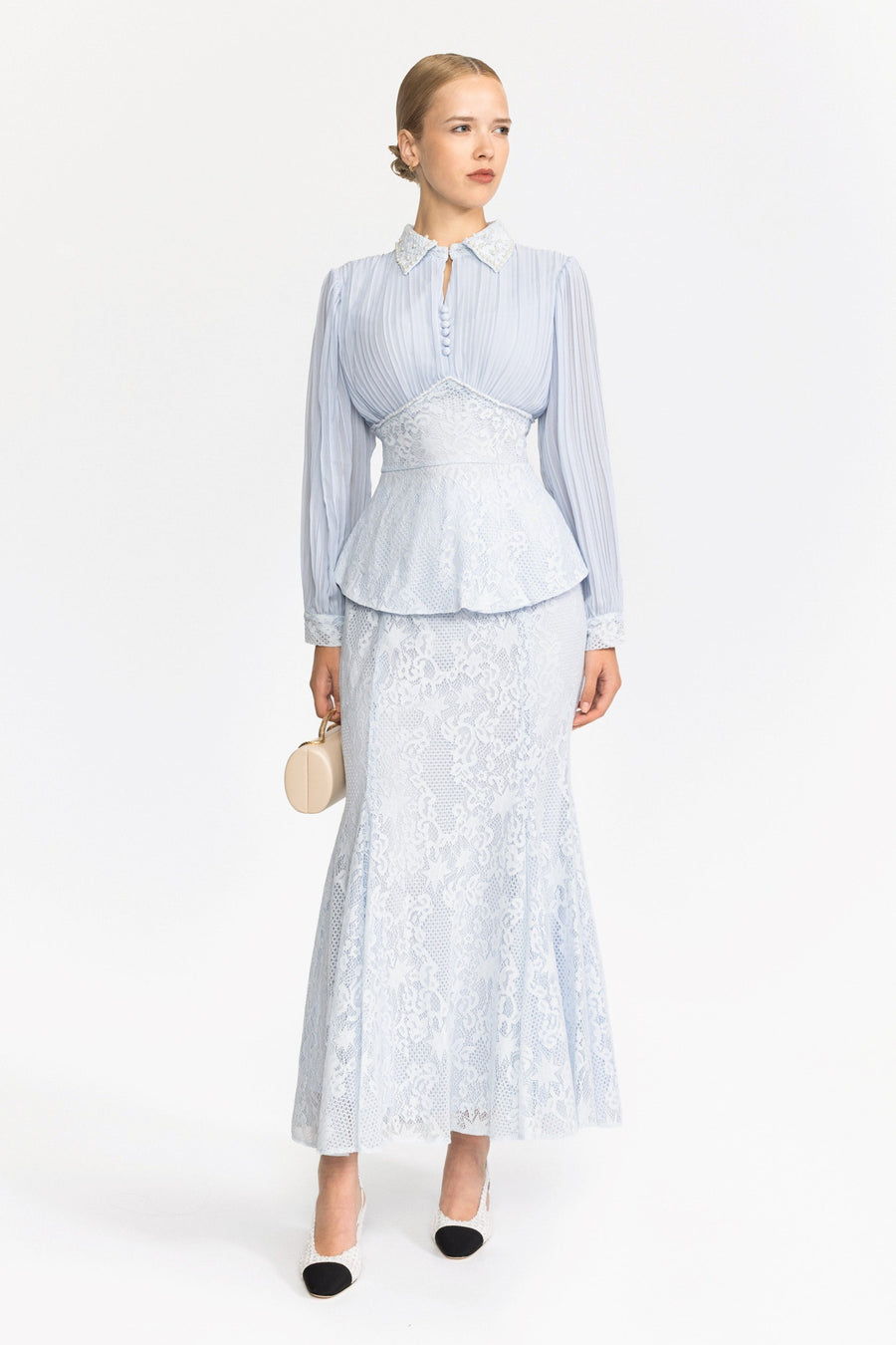 Rosalind Pleated Chiffon Lace Peplum Blouse and Maxi Skirt Set - Light Blue
