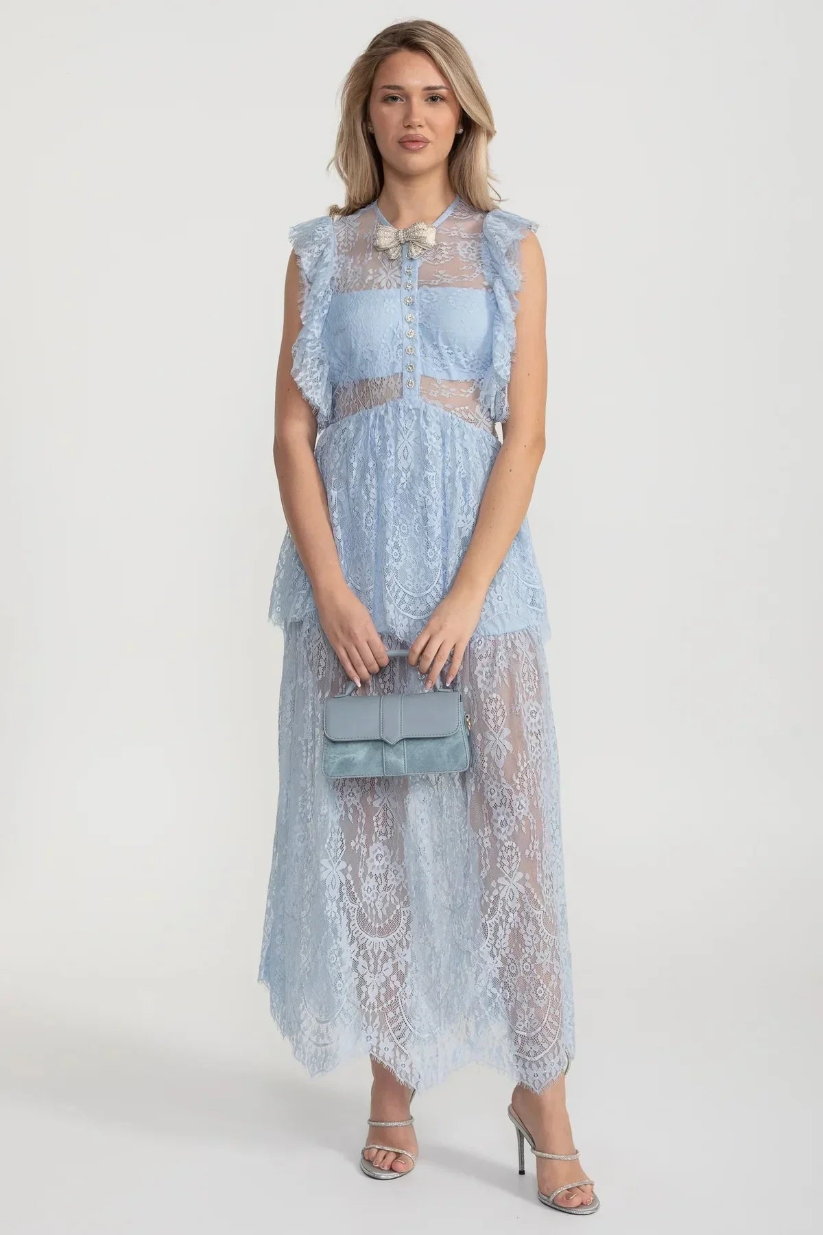 Elegant Vintage-Inspired Lace Dress With Ruffled Details And Layered Skirt - Blue