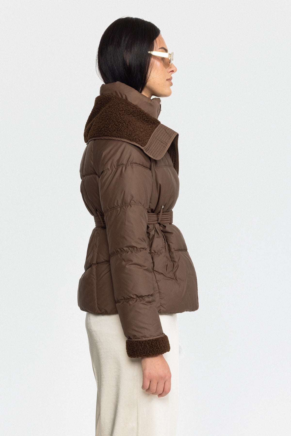 Belted Puffer Jacket with Teddy Collar - Coffee