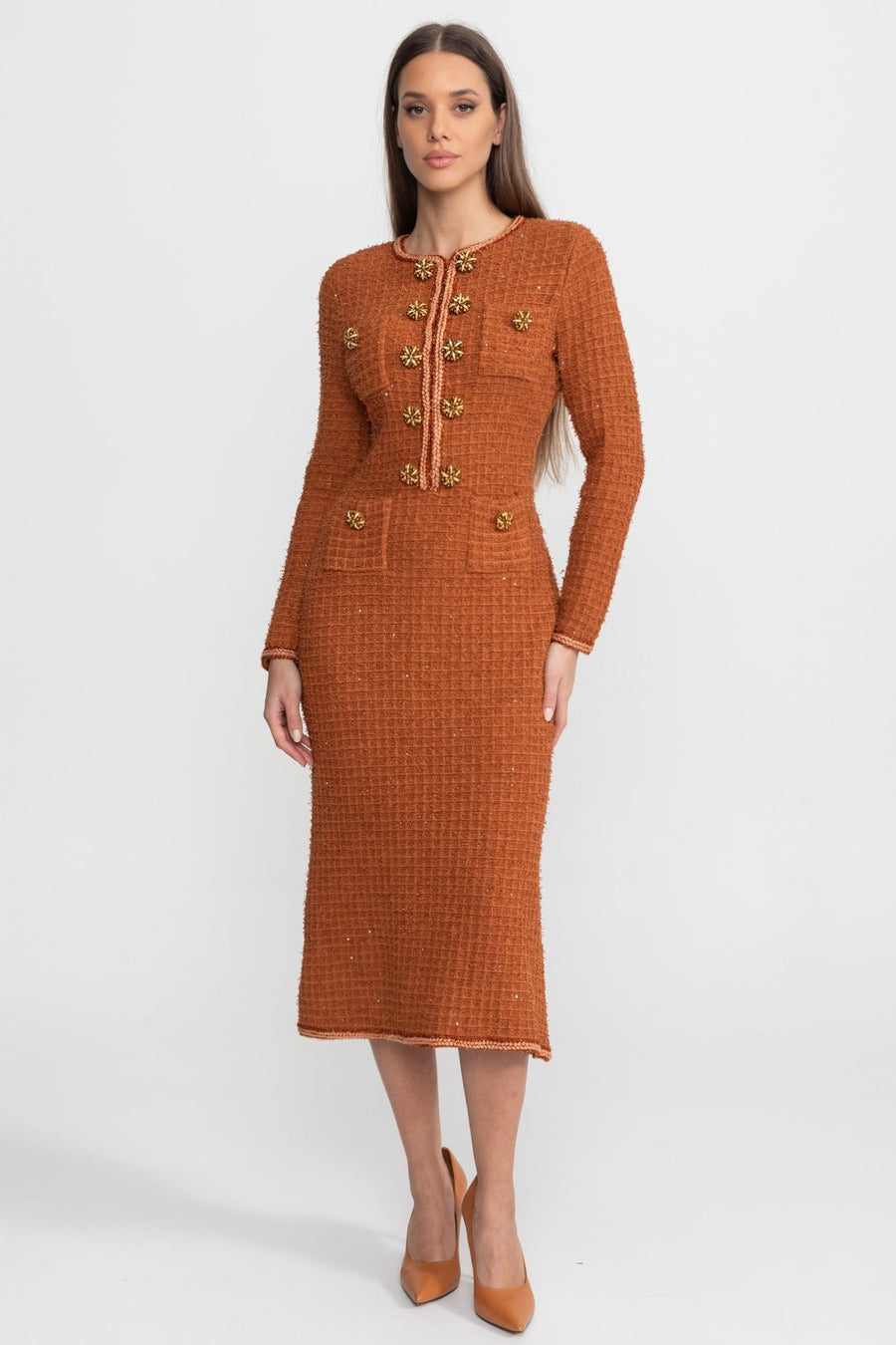 Augustine Rust Textured Tweed Midi Dress with Crystal Button Detail
