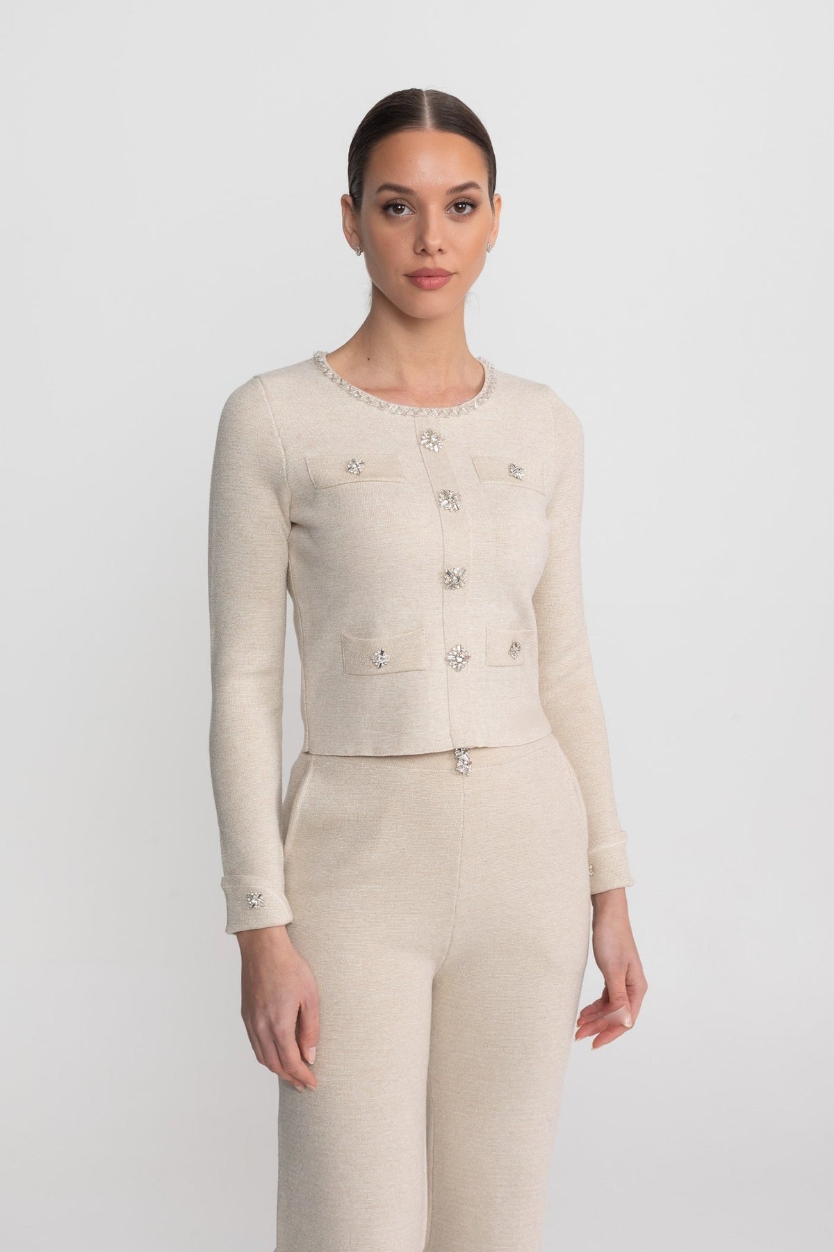Gabrielle Beige Long Sleeve Knit Co-Ord Set With Sparkling Embellishments