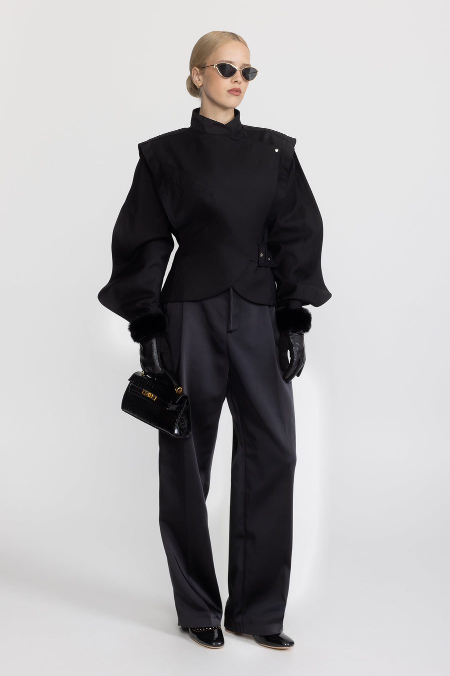 Garance Structured Balloon Sleeve Wrap Jacket - Black