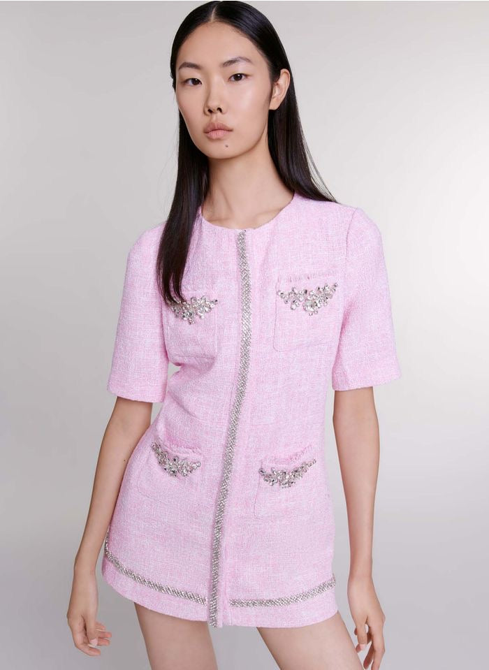 Sandro Rhinestone-Embellished Tweed Mini Dress with Round Neck - Light pink