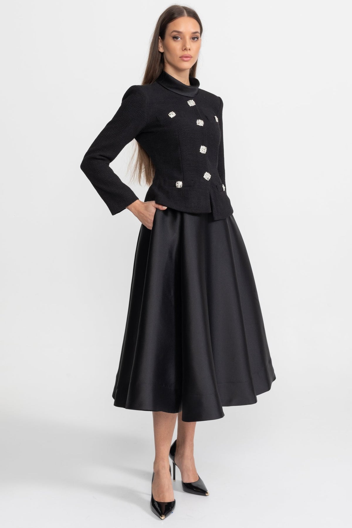 Structured Midi Dress with Embellished Jacket Overlay – Black
