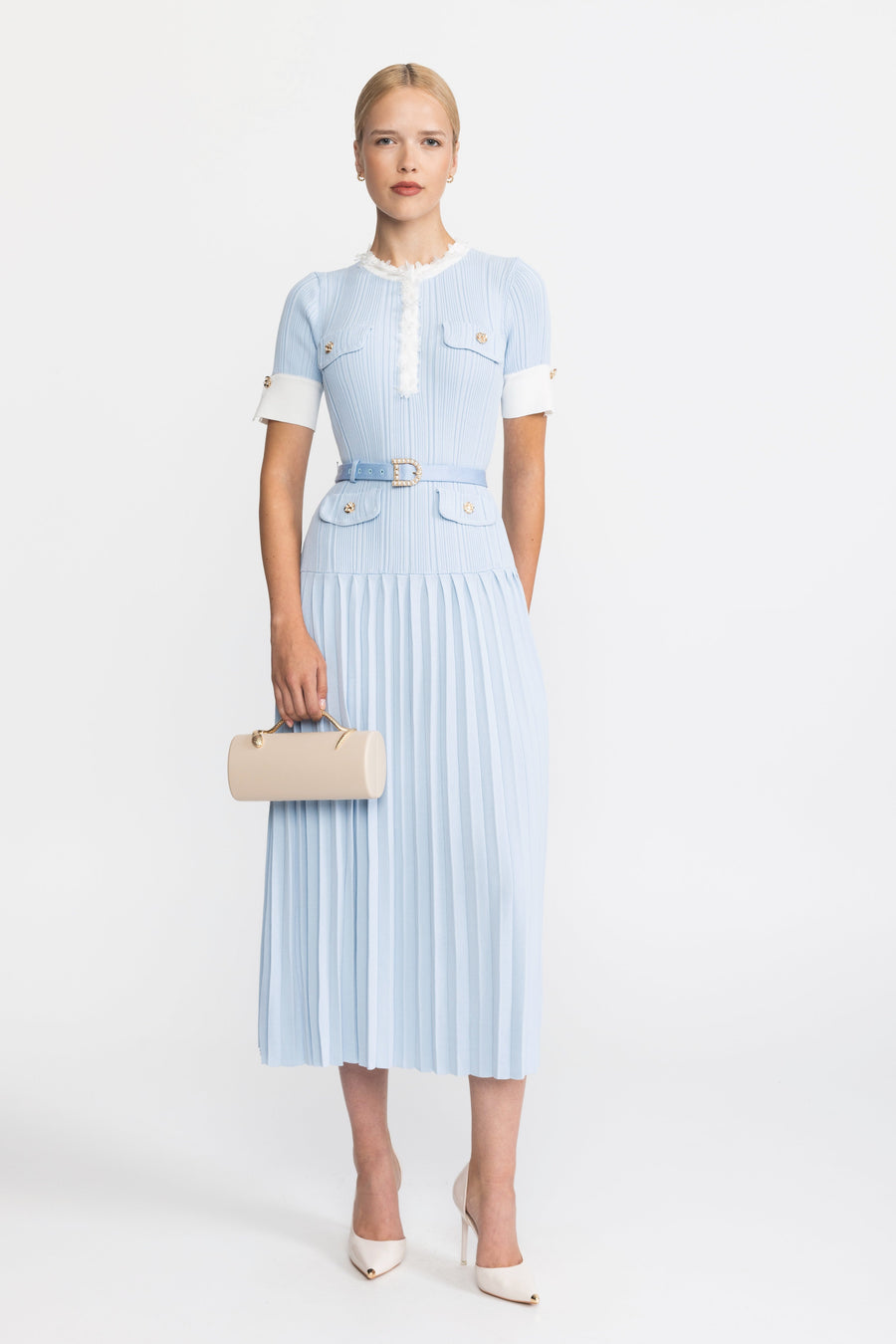 Cordelia Pleated Knit Ruffle Trim Midi Dress - Light Blue