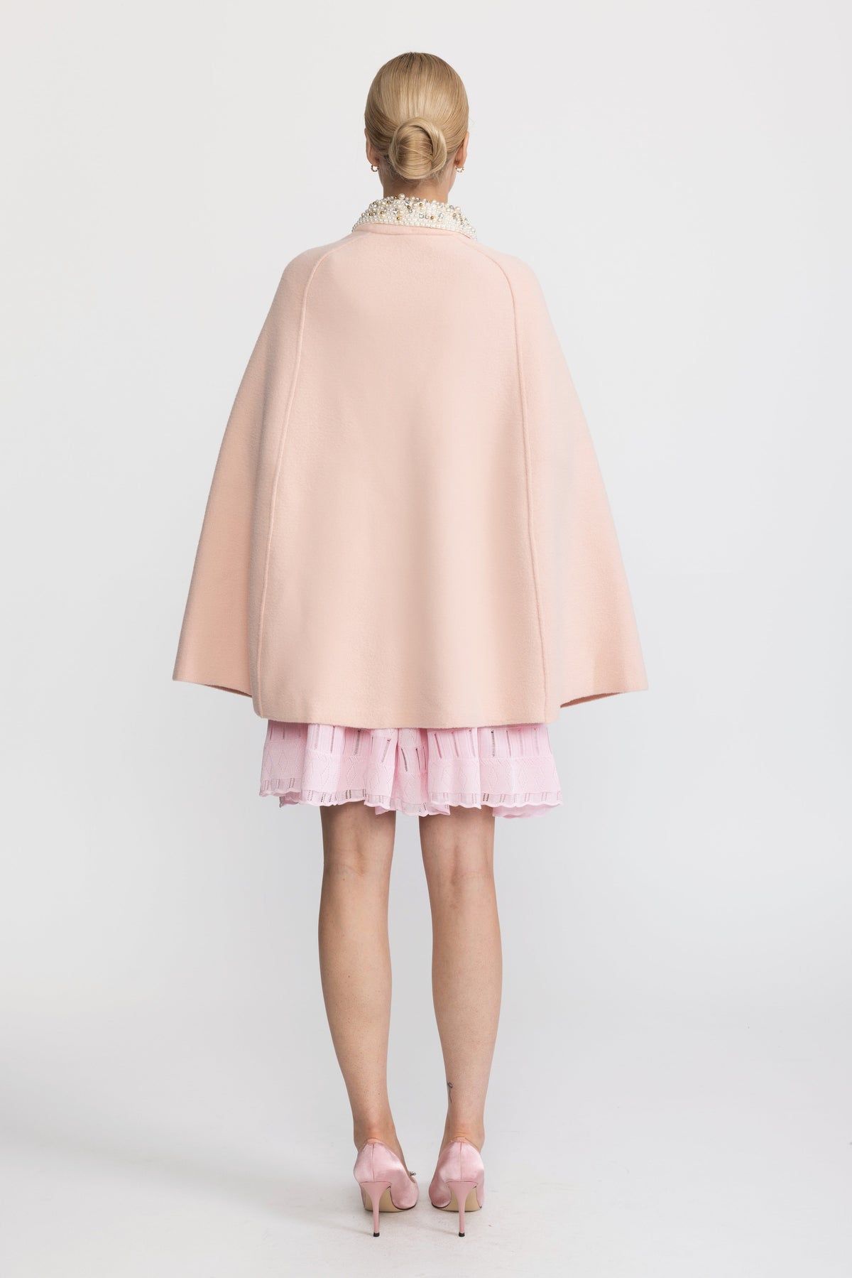 Pearl Embellished Collar Cape with Faux Fur Pockets - Pink