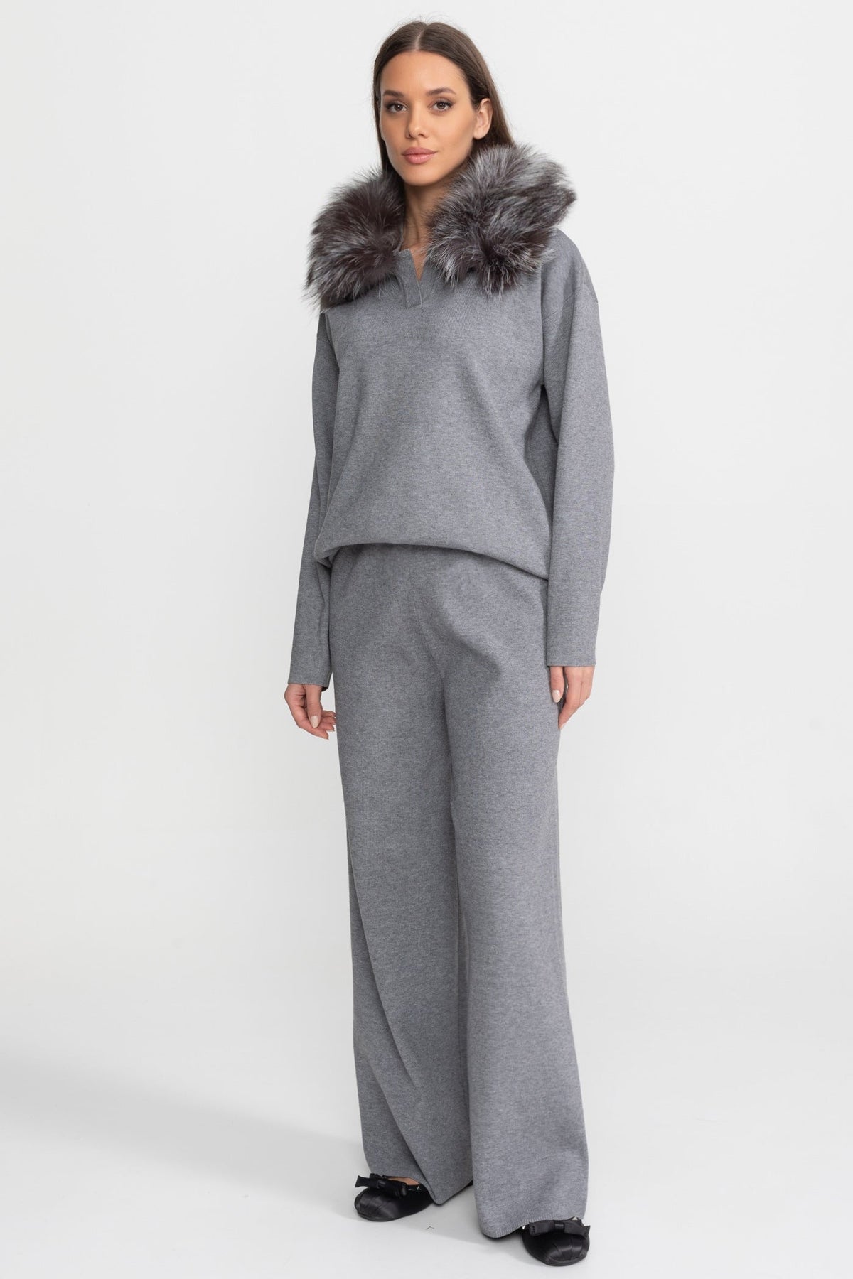 Elodie Grey Knit Lounge Co-Ord Set with Fox Fur Collar