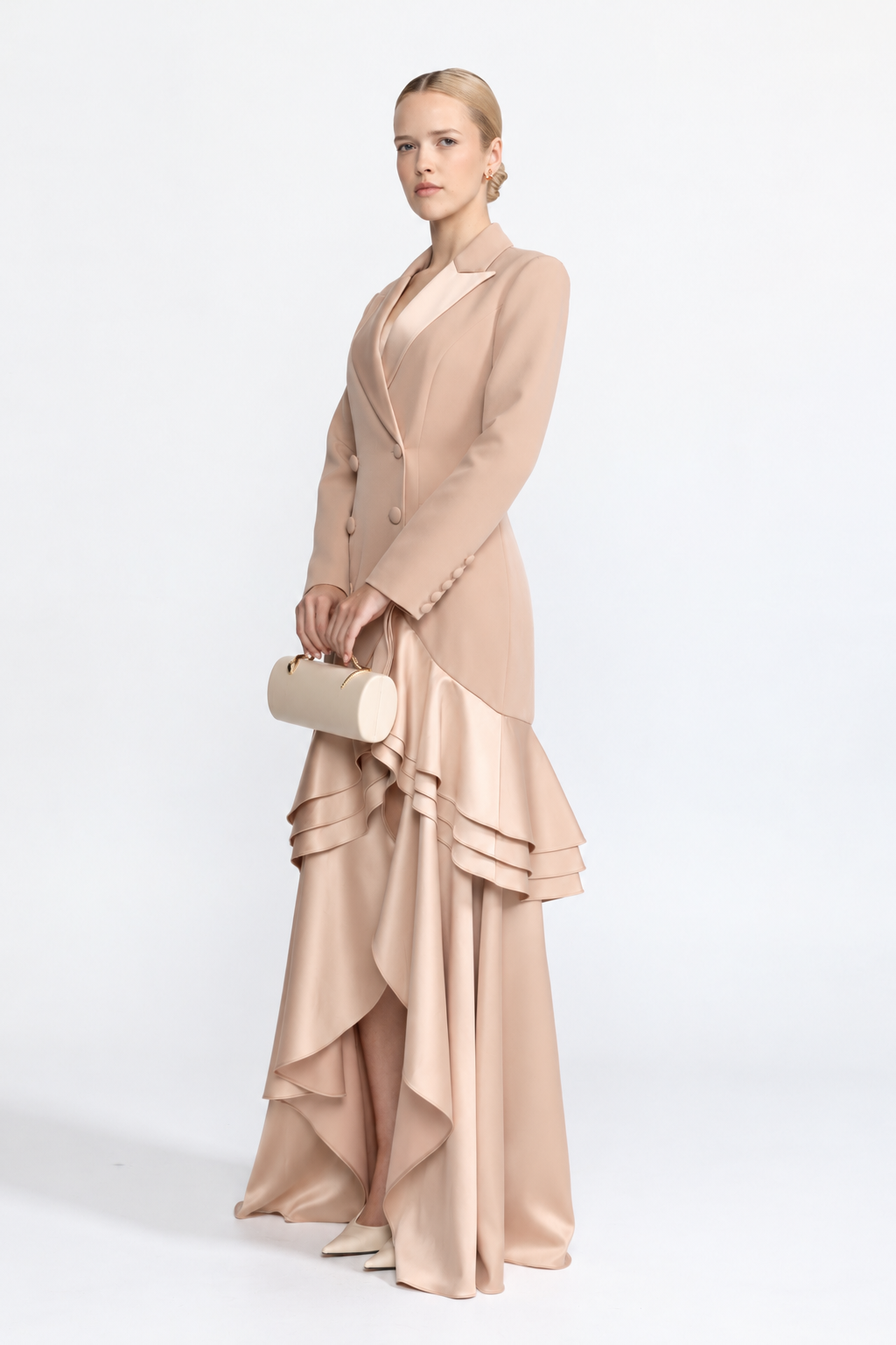 Félicie Beige Satin Ruffle Hem Double-Breasted Blazer Maxi Dress
