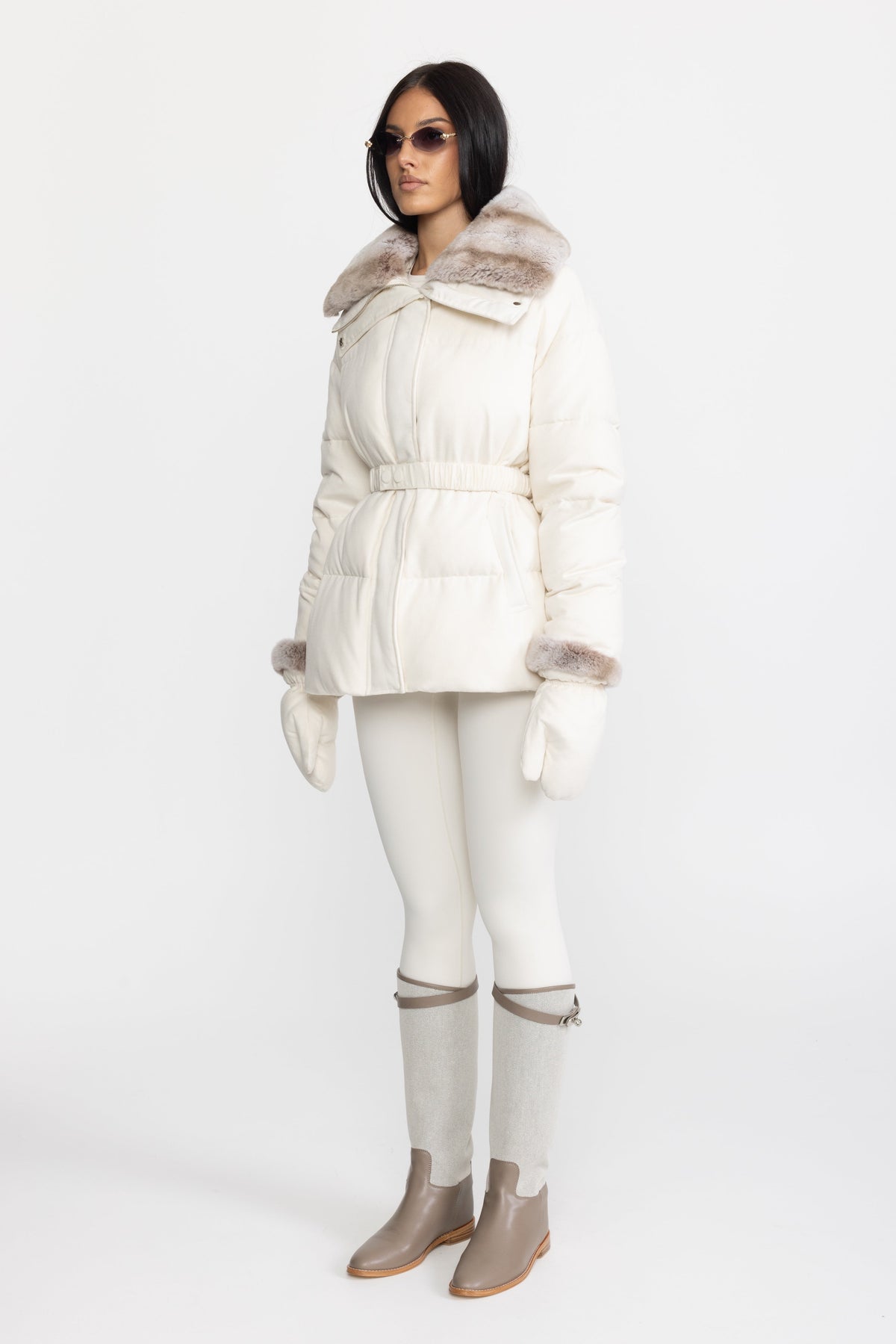 Rex Rabbit Fur Collar Cotton-Silk Down Jacket - Ivoire