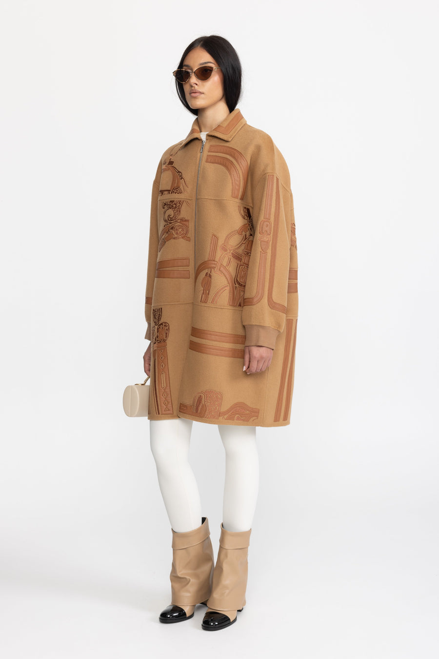 Margaux Equestrian Applique Embroidered Wool Zip Coat - Camel