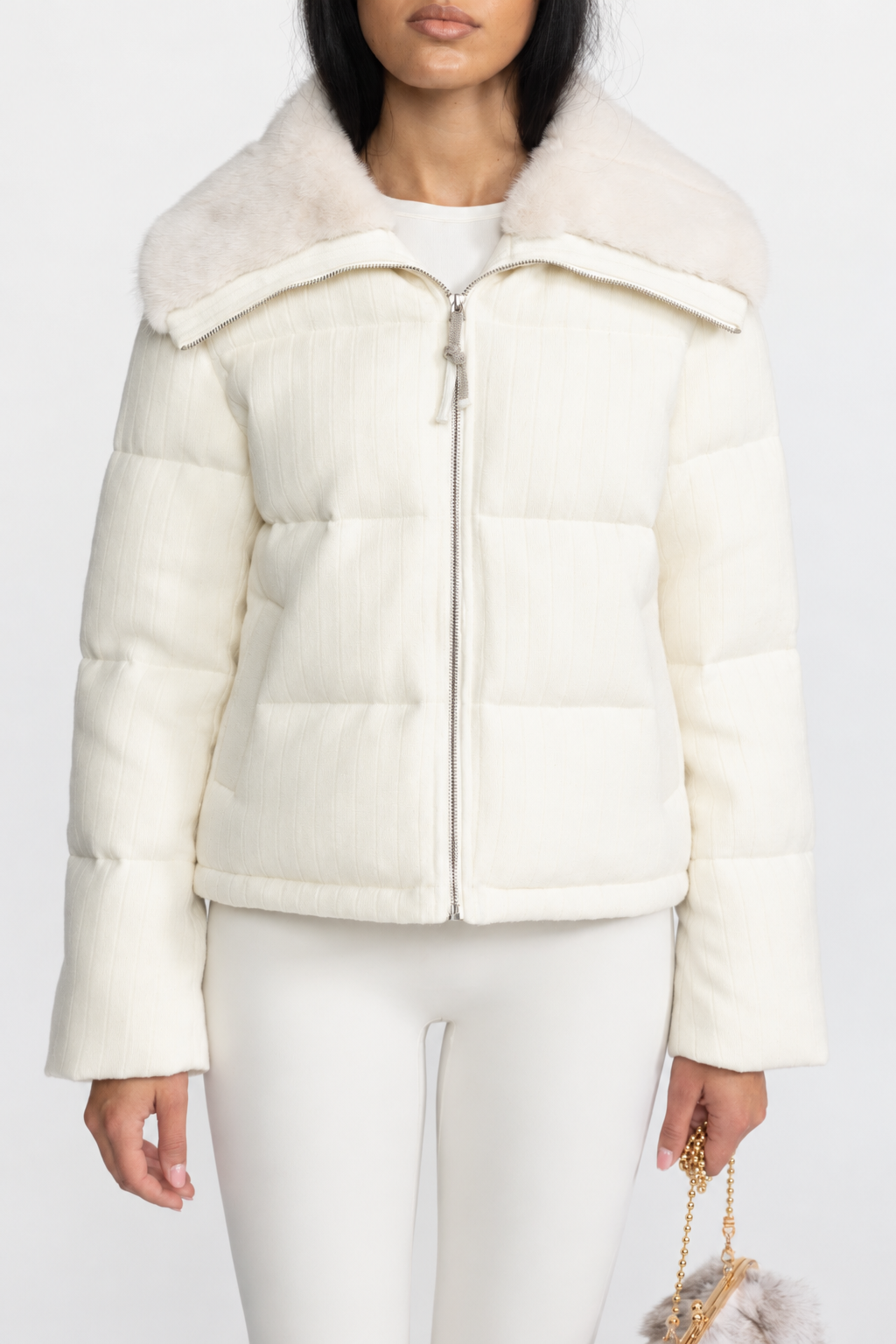 Corentine Ivoire Ribbed Cashmere Down Puffer Jacket with Mink Fur Collar