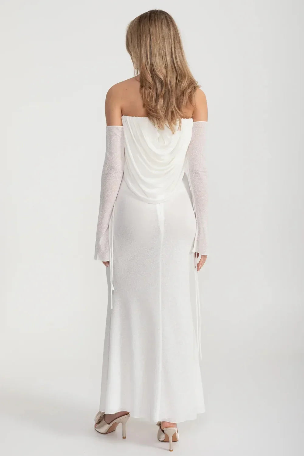 Elegant Flowing Dress With Long Sleeves, Top Draping And Central Rose Adornment - White