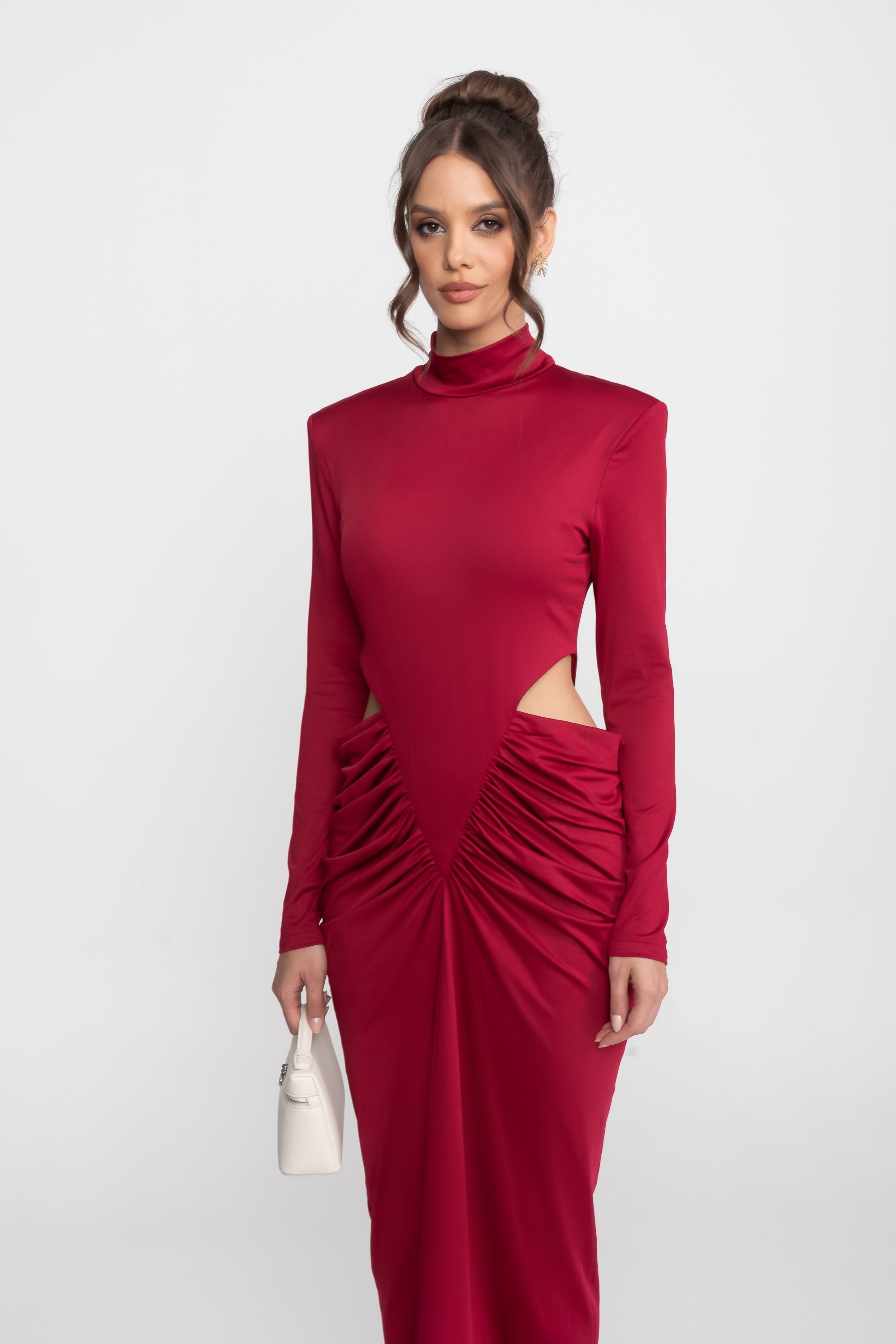 High Neck Maxi Dress With Long Sleeves And Waist Cut-Out Detail - Red