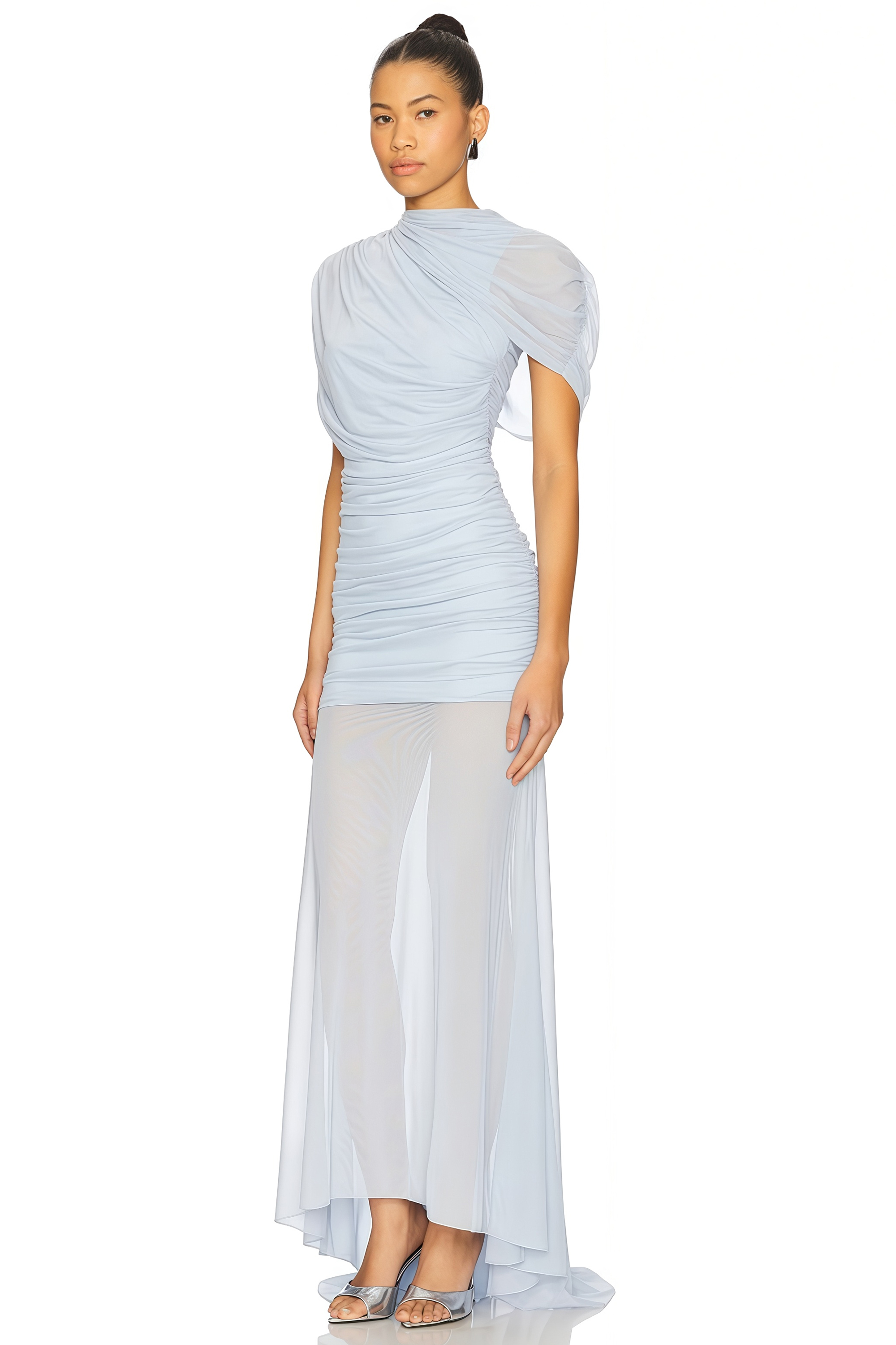 Sylphe Blue Asymmetrical Ruched Mesh Maxi Dress