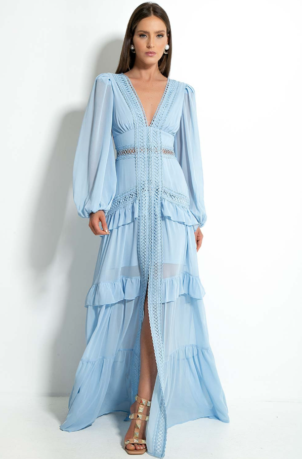 SANTORINI SERAPHINA CHIFFON LACE MAXI DRESS - BLUE