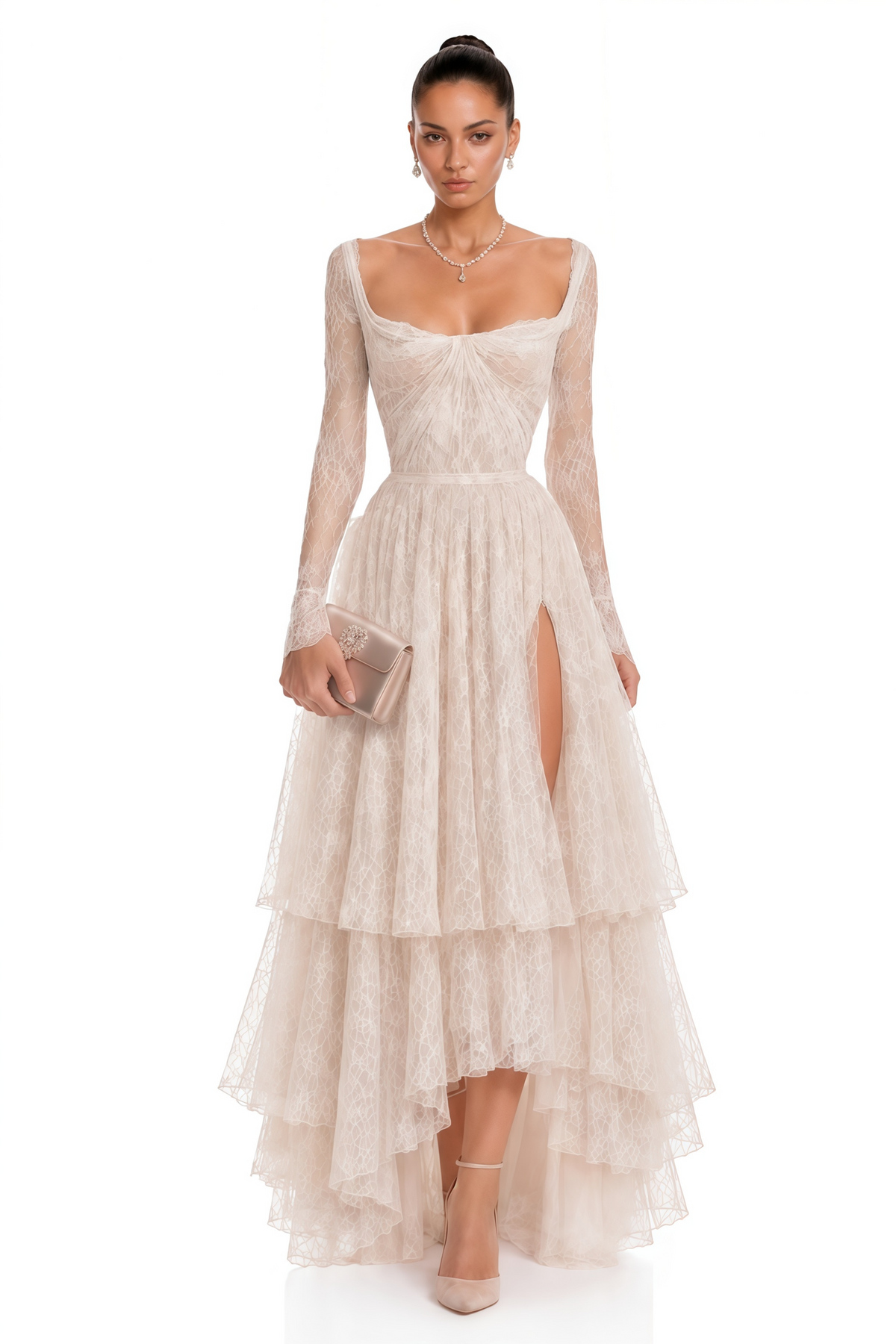 aalto neutral lace ruffled maxi dress with slit