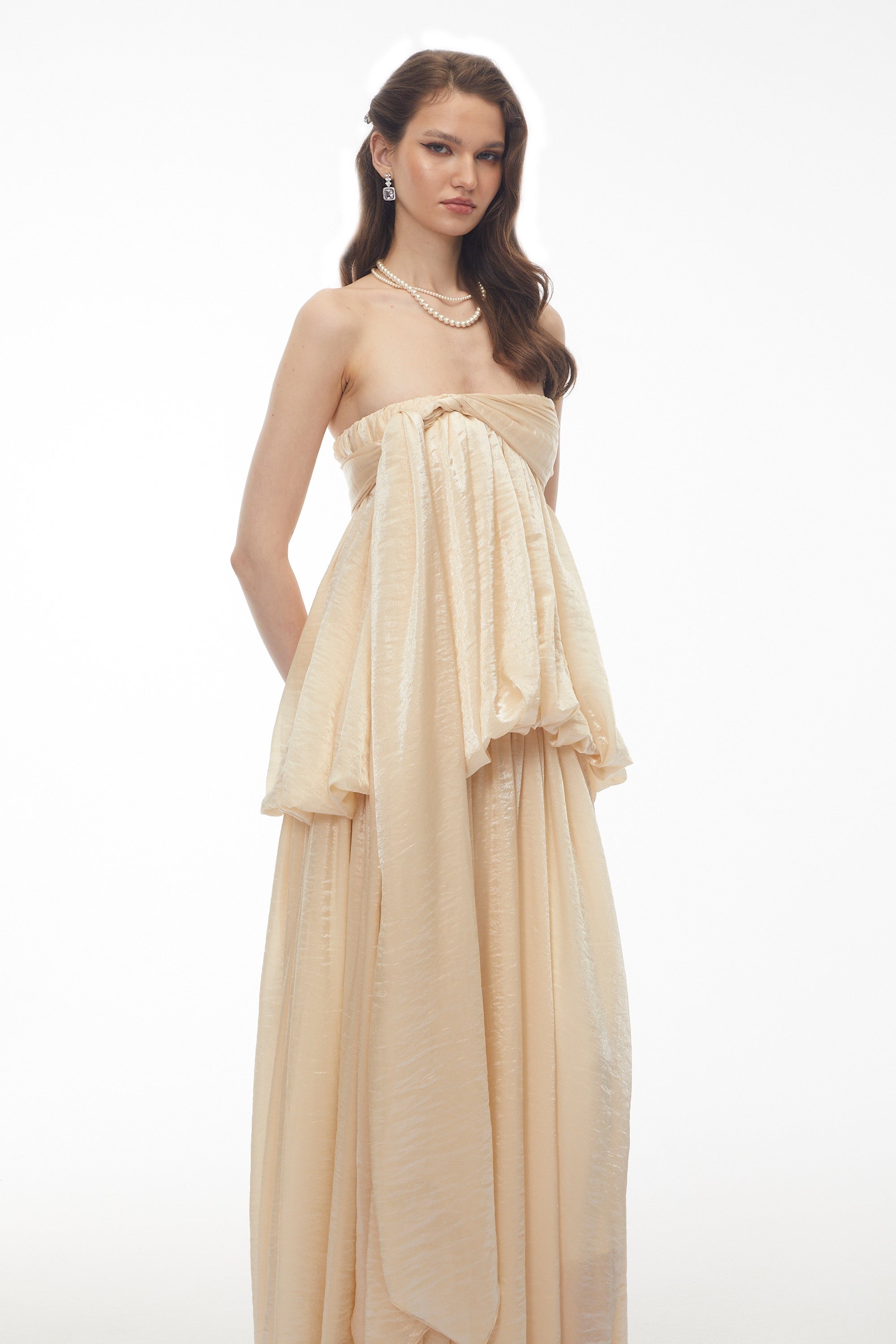 Aamu Champagne Off Shoulder Maxi Dress