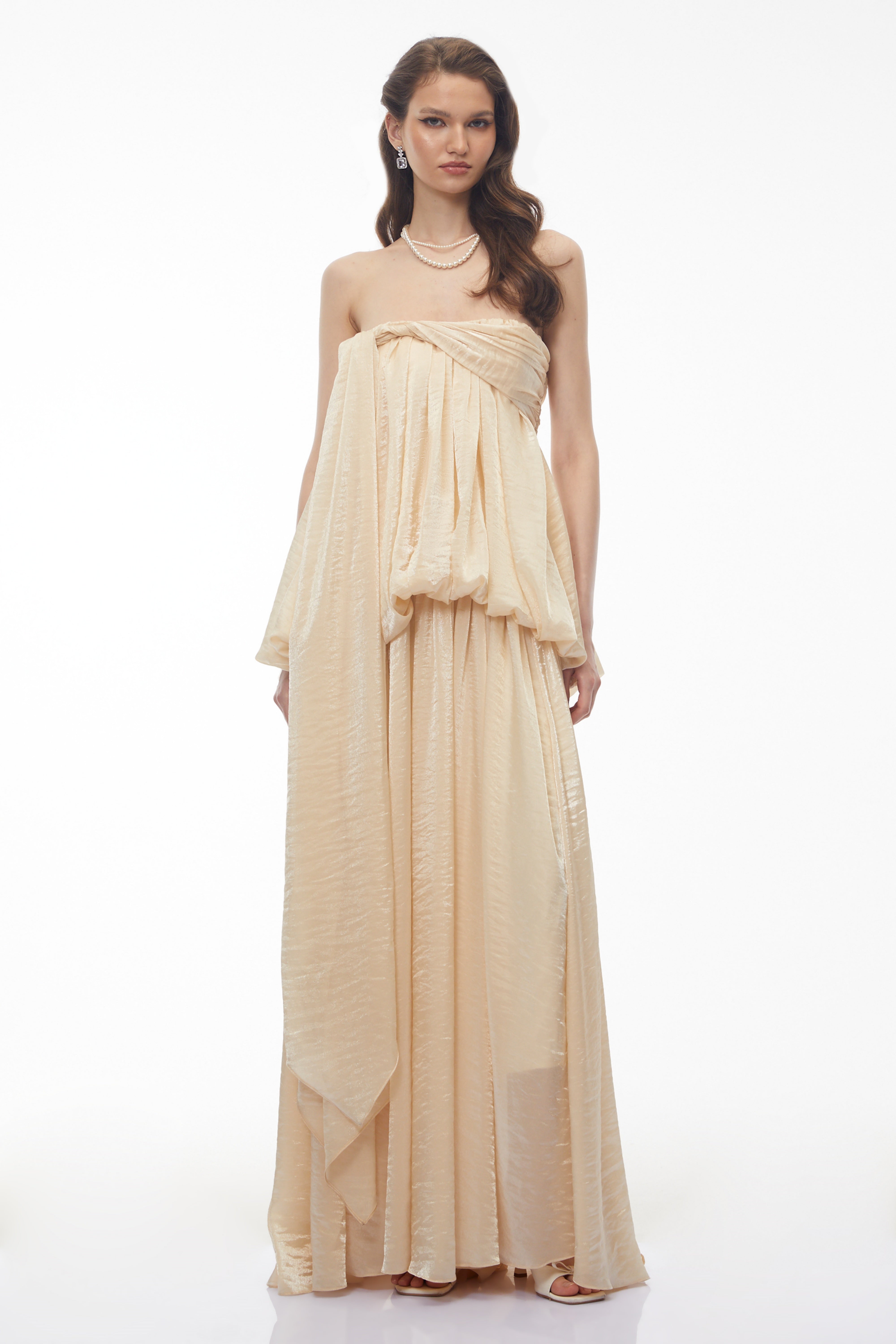 Aamu Champagne Off Shoulder Maxi Dress