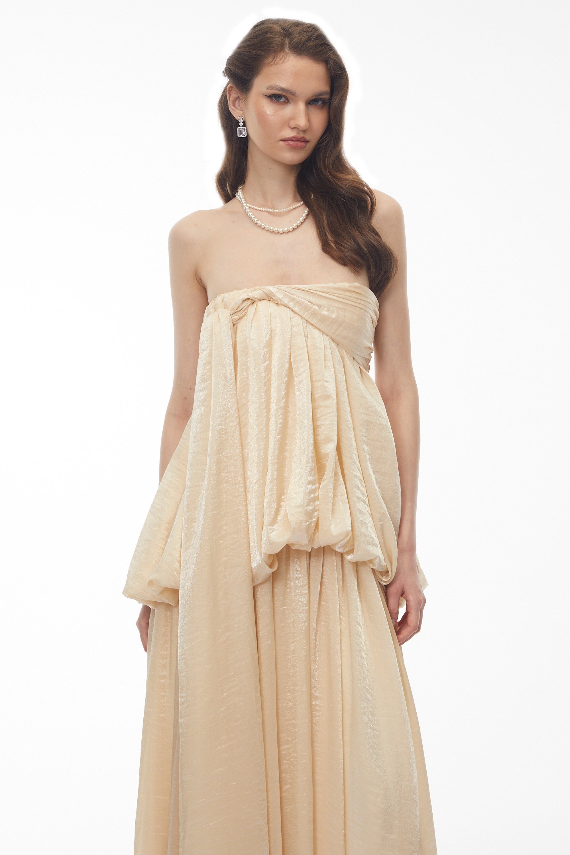 Aamu Champagne Off Shoulder Maxi Dress
