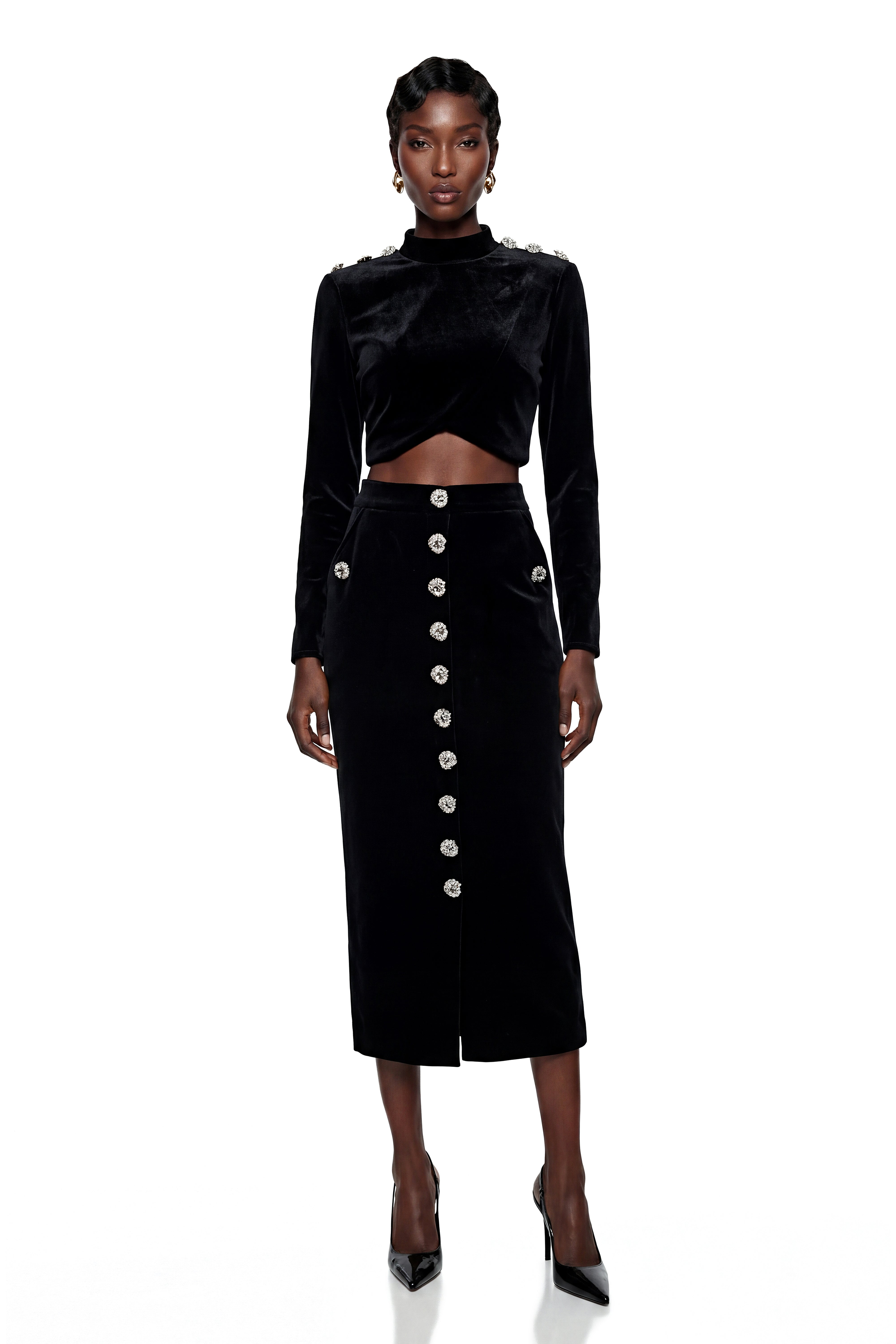 Acantha Black Embellished Crop Top & Skirt Set