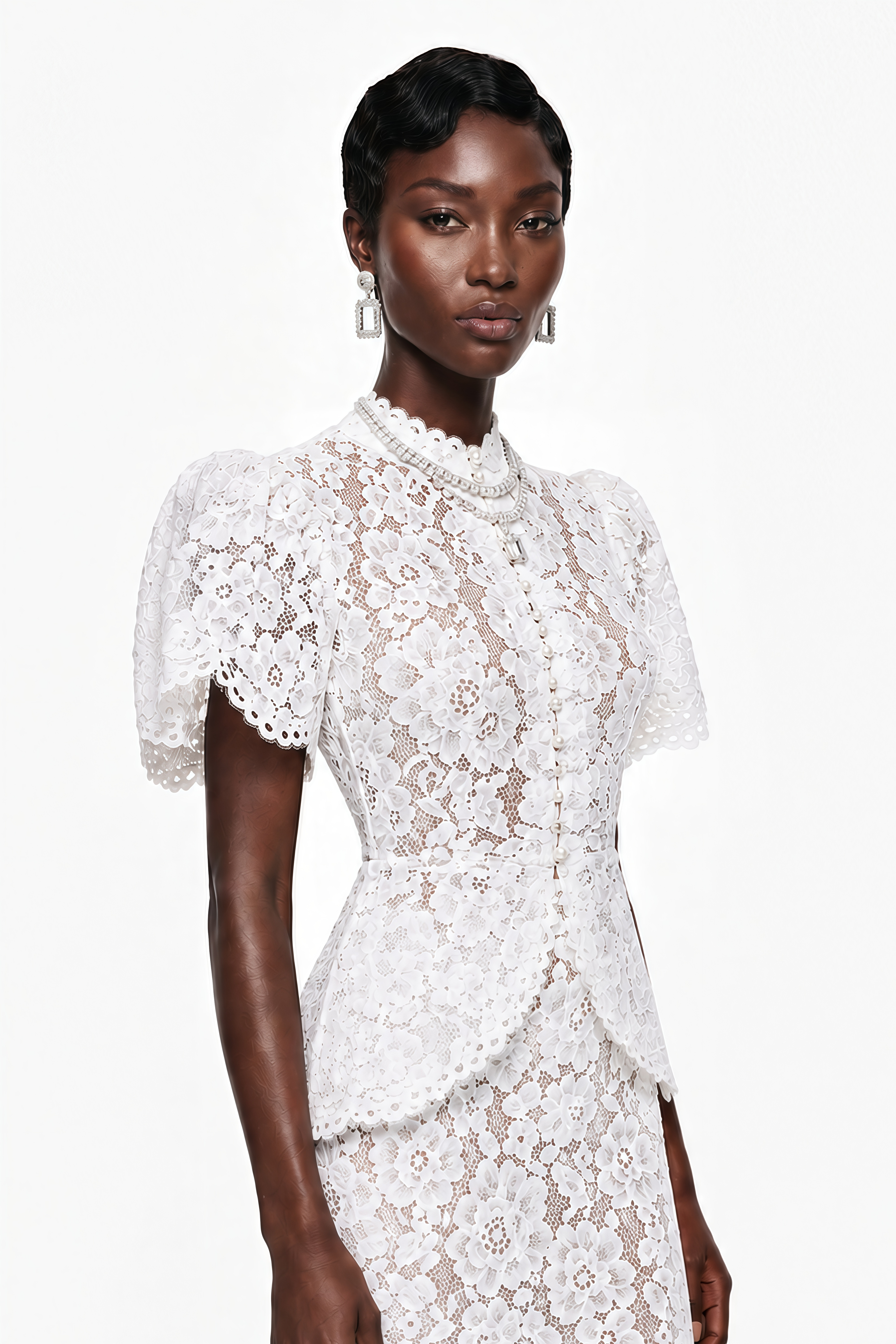 Adèle White Short Sleeve Floral Blouse & Mermaid Skirt Set