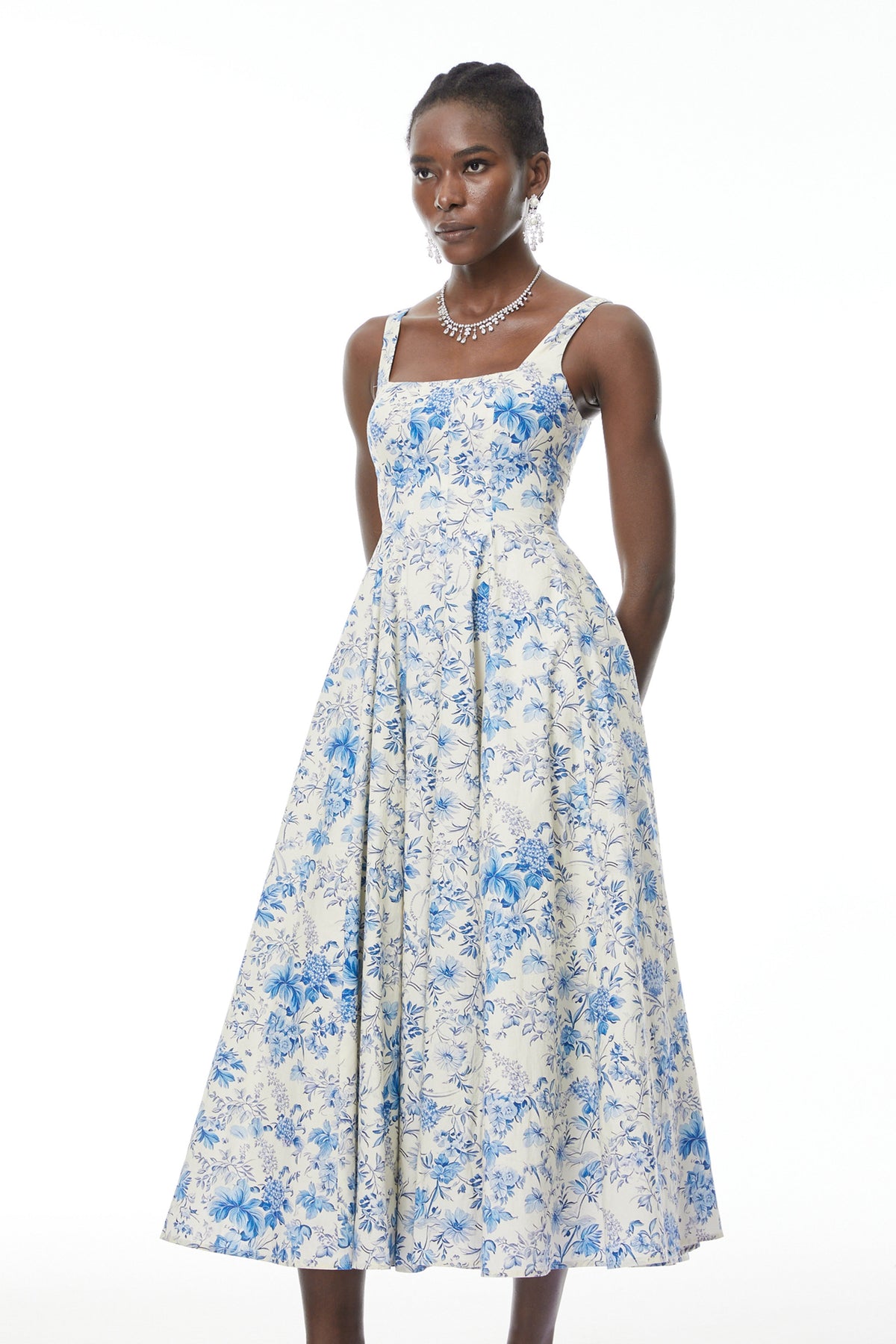 Adelheid Blue Floral Print Flared Midi Dress