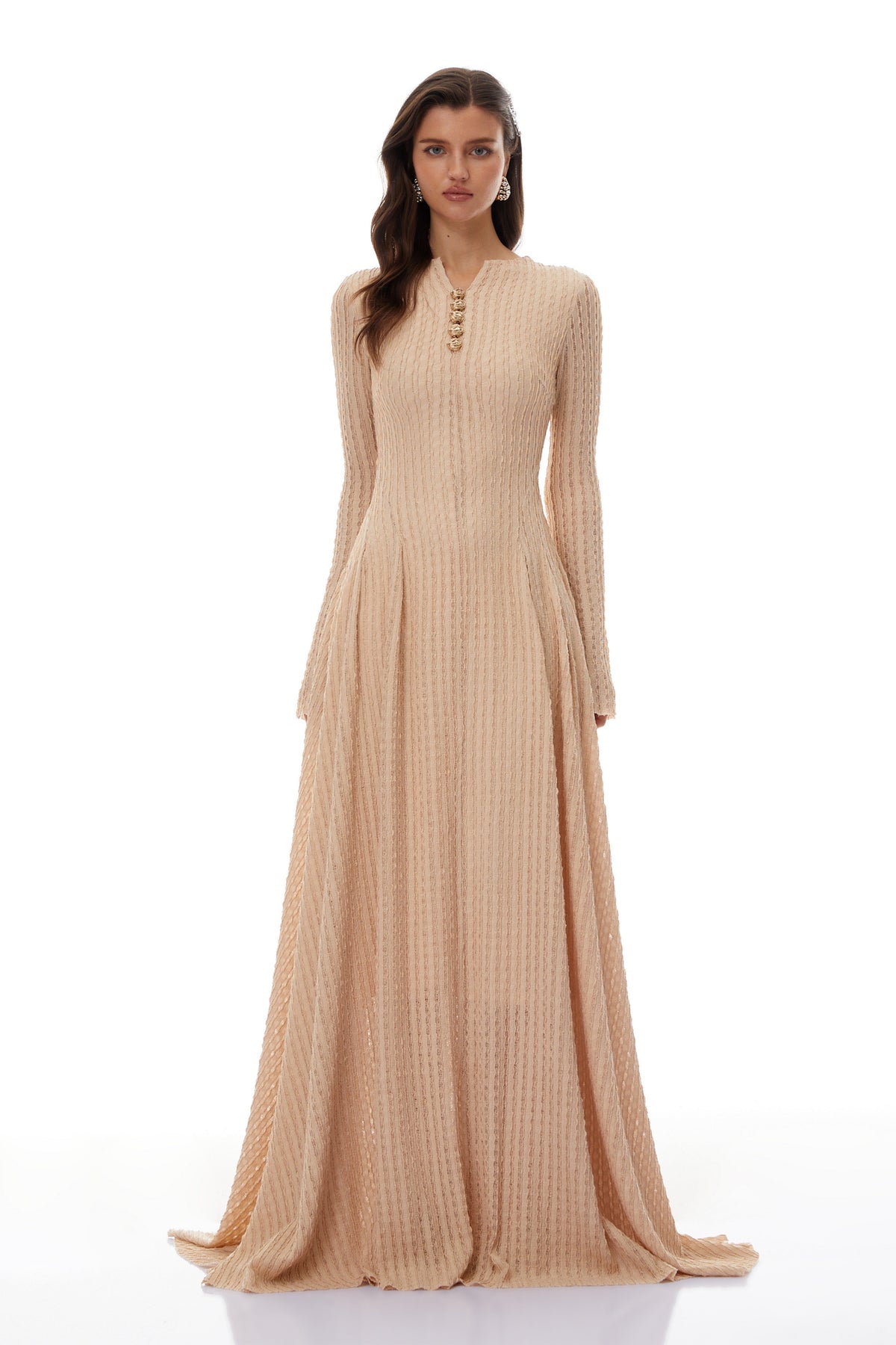 Adeline Beige Textured Jacquard Maxi Gown