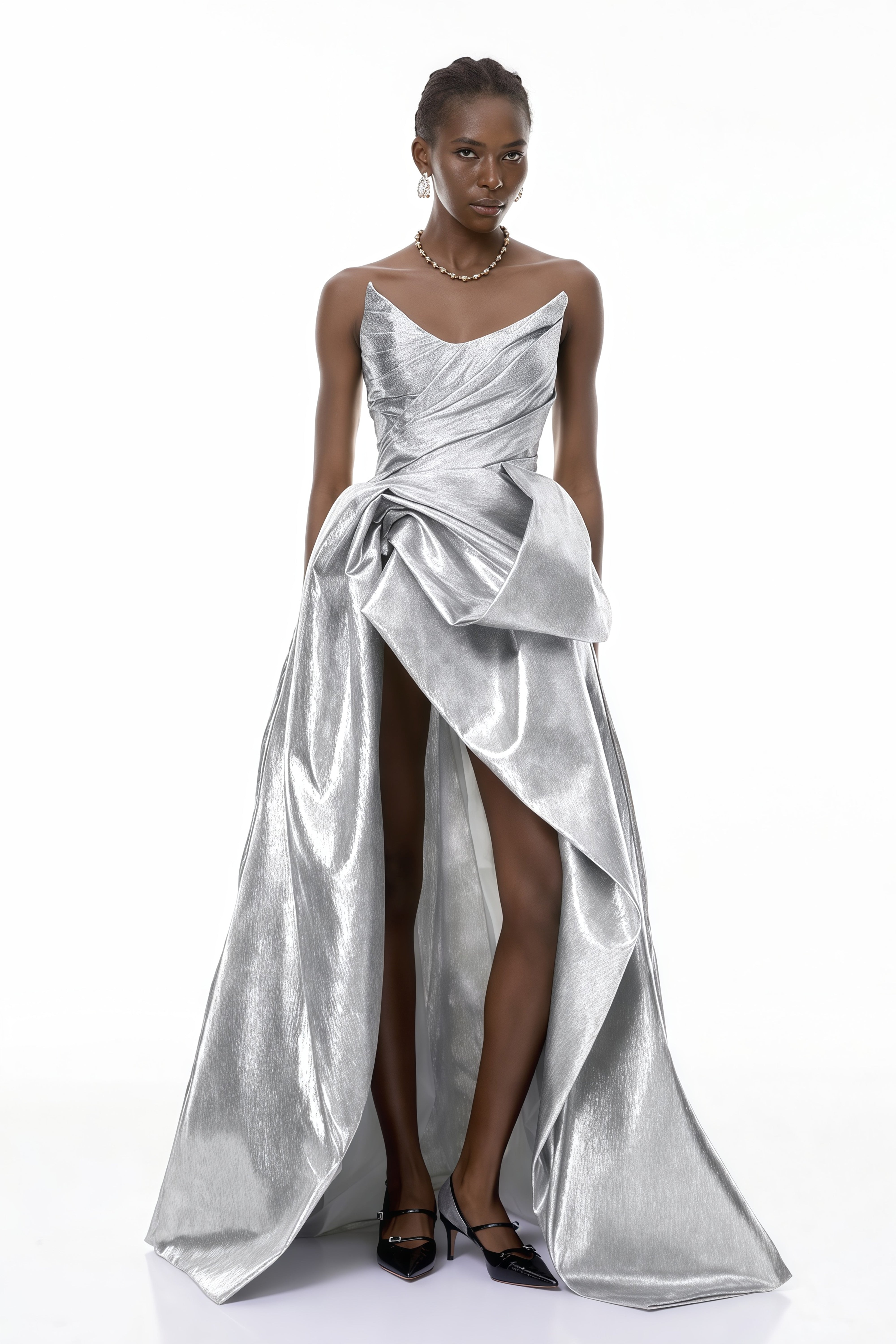 Adina Silver Glossy Asymmetrical Ruched Gown (Final Sale-US Only)