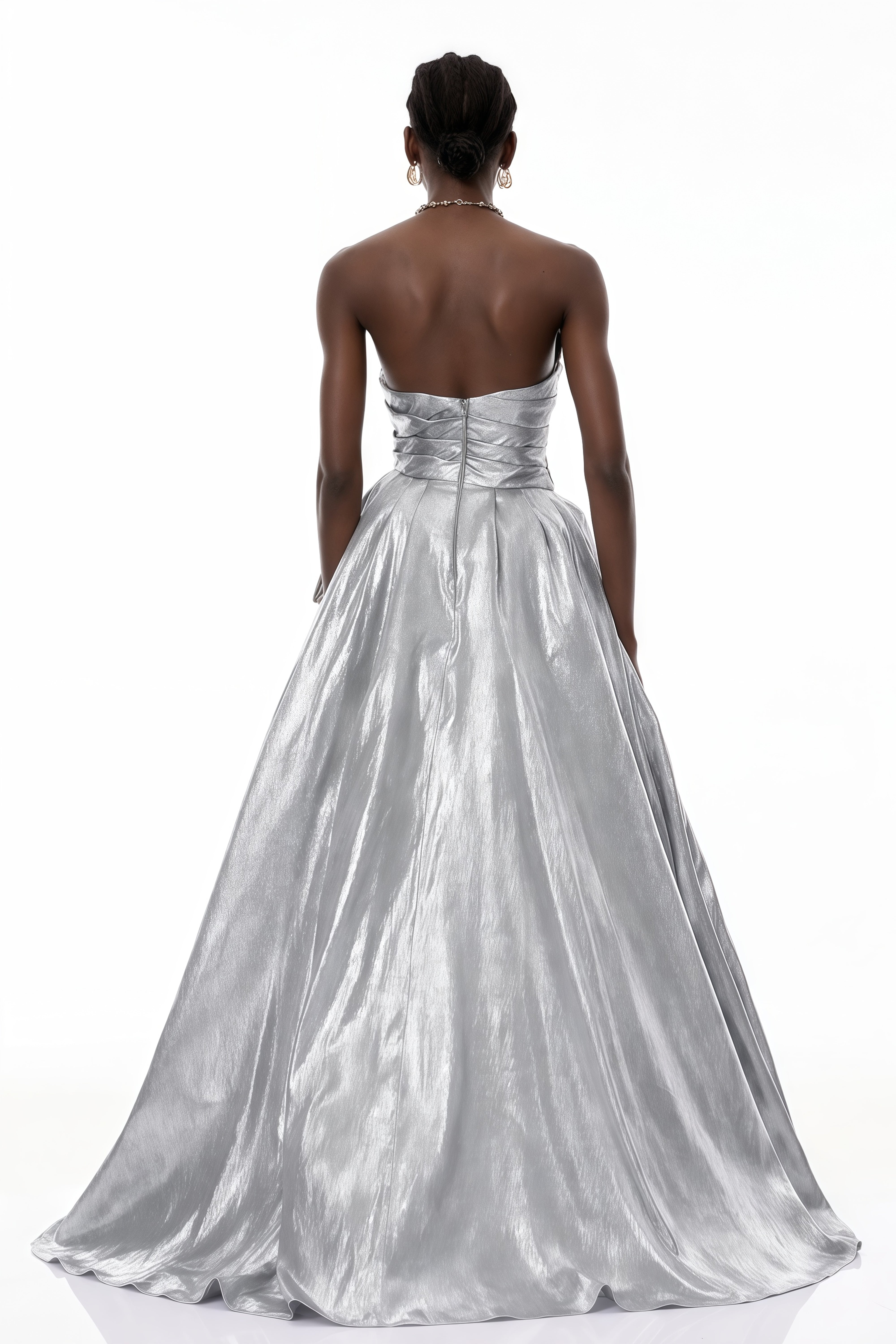 Adina Silver Glossy Asymmetrical Ruched Gown (Final Sale-US Only)