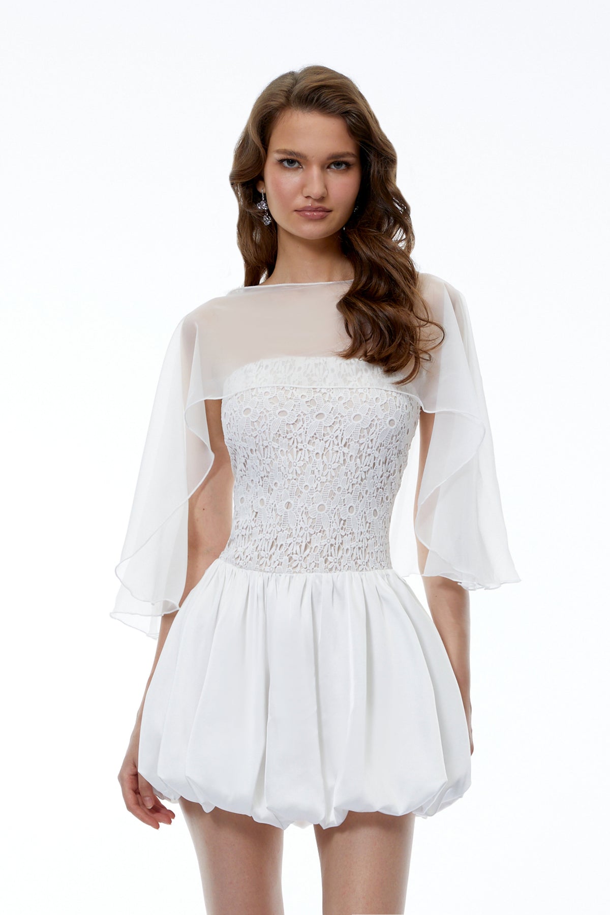 Agnes White Off Shoulder Floral Panel Puffball Mini Dress with Cape