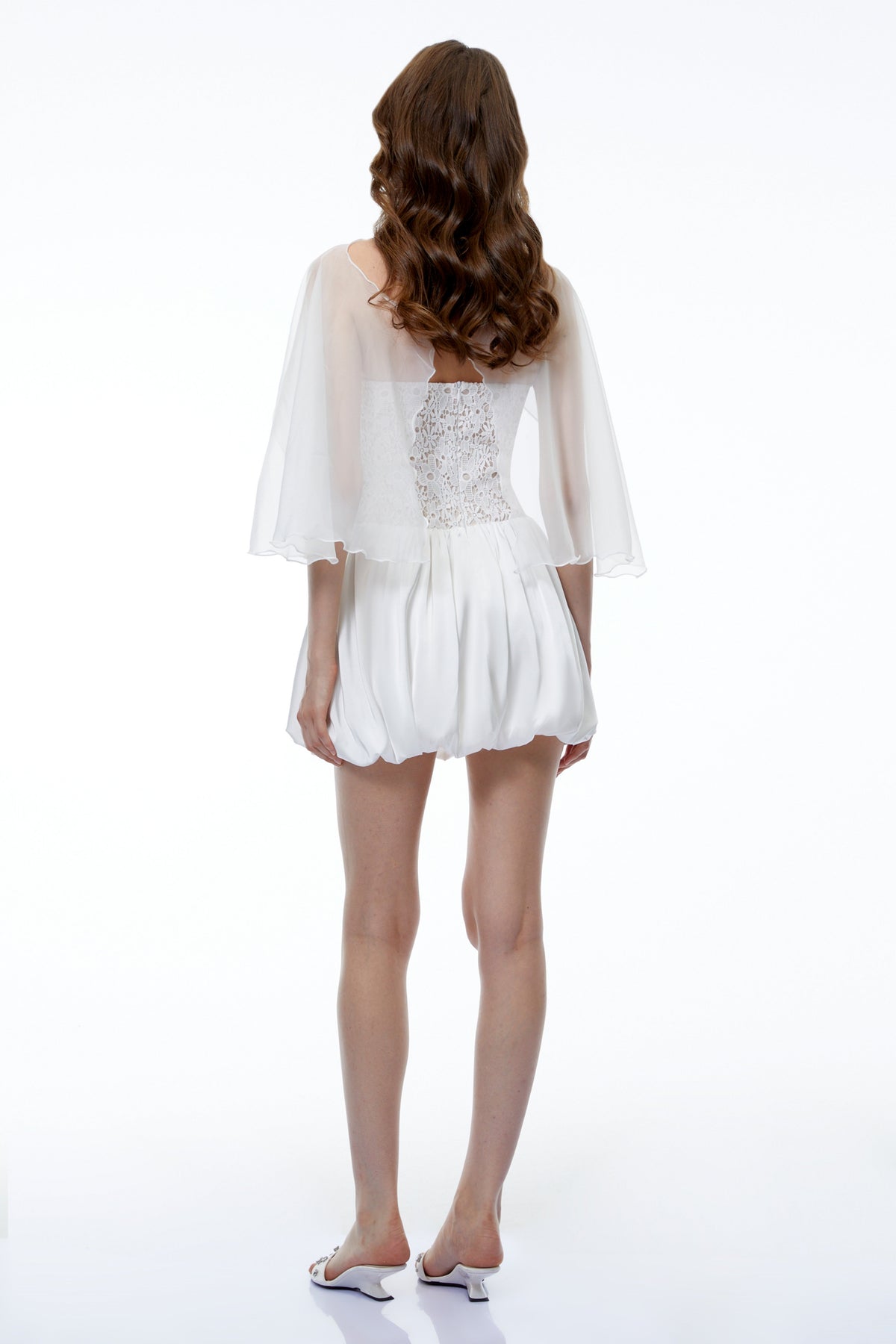 Agnes White Off Shoulder Floral Panel Puffball Mini Dress with Cape