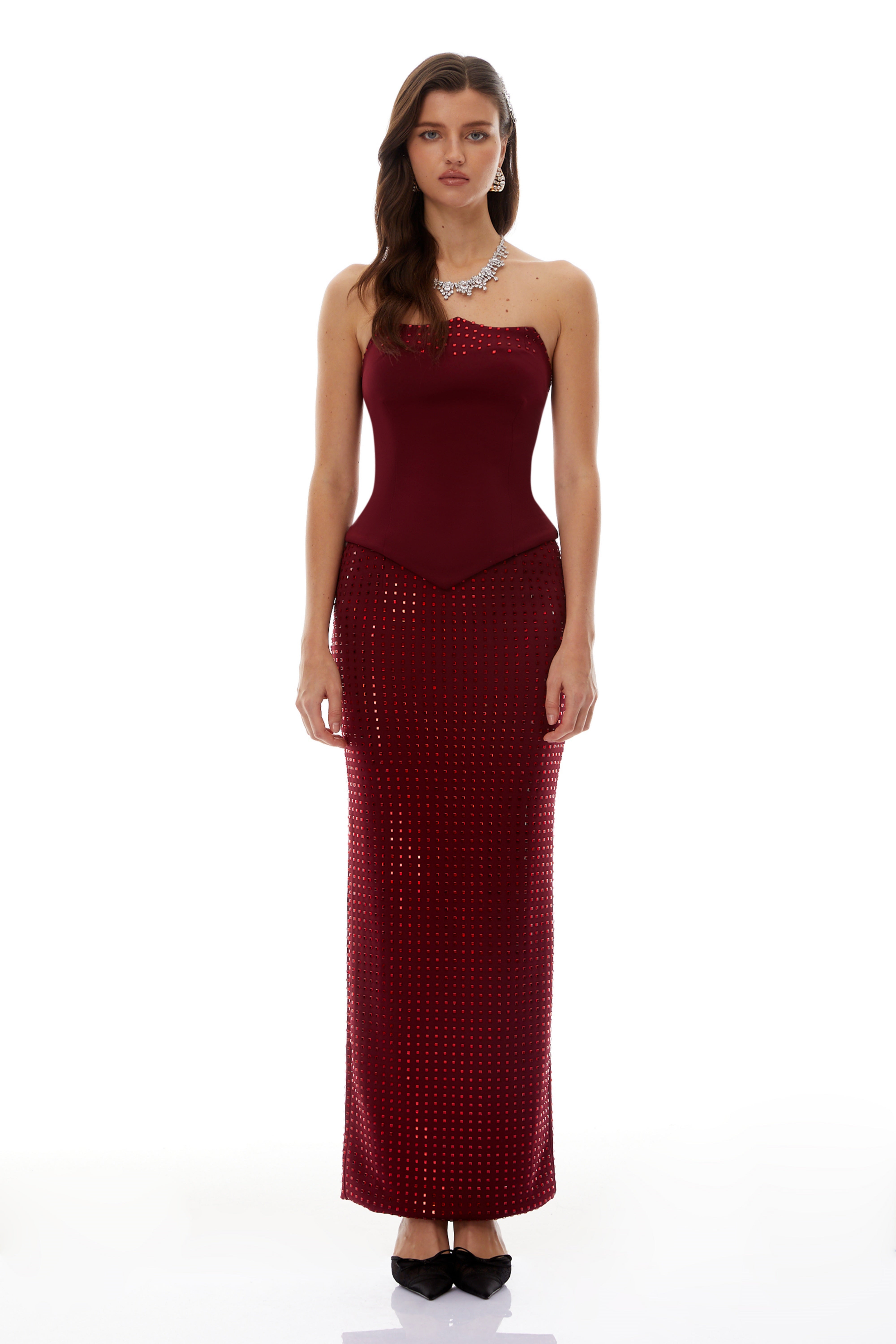 Agoney Red Rhinestone Embellished Top & Skirt Set